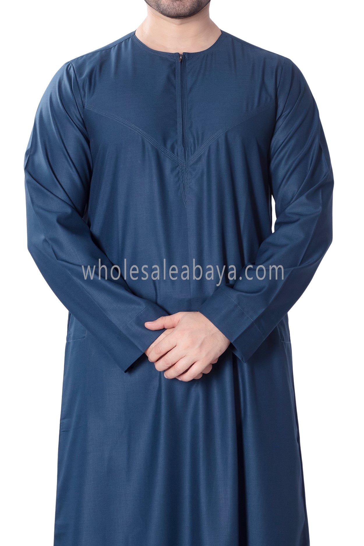 Men's Classic Plain Omani Thoube With Front Zip Teal Blue