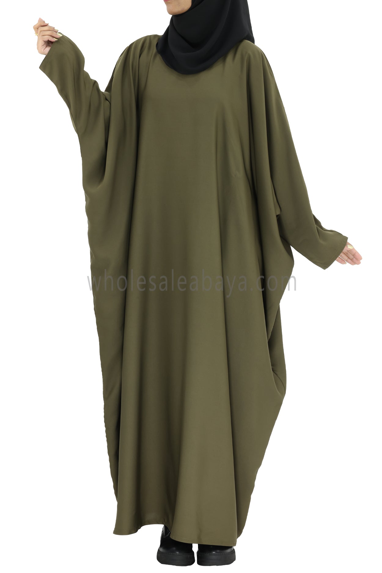 Plain Closed Butterfly Abaya With Inner Belt Olive Green Colour