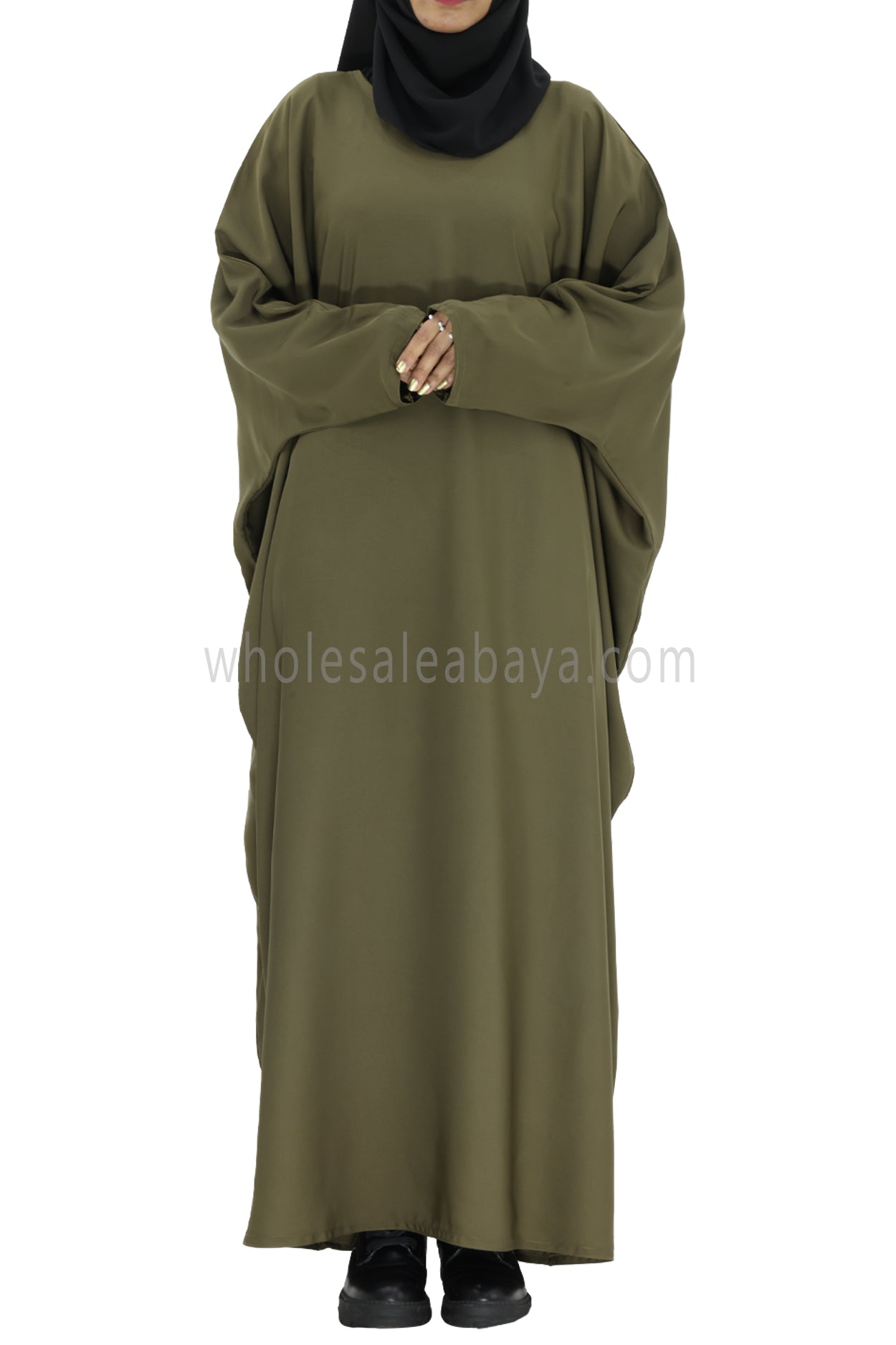 Plain Closed Butterfly Abaya With Inner Belt Olive Green Colour