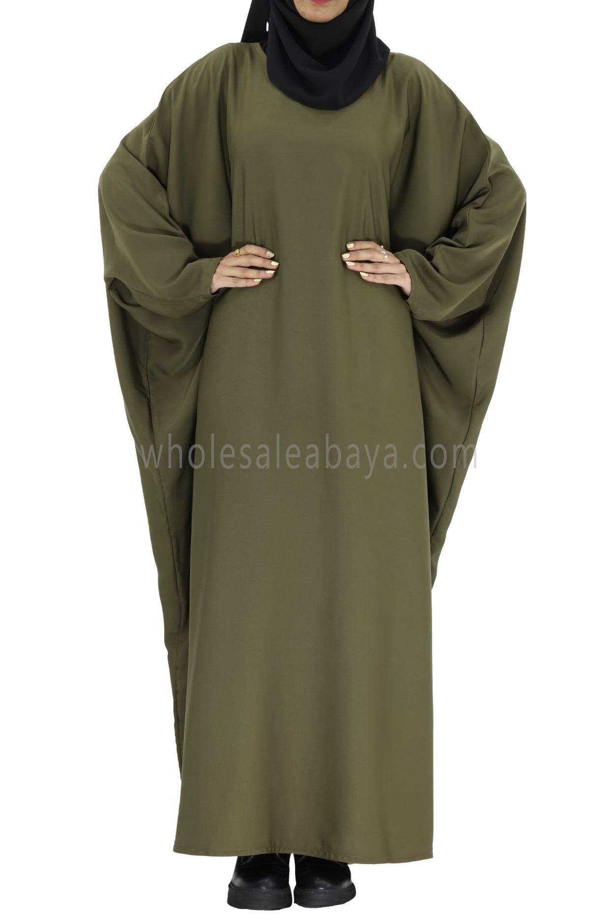 Plain Closed Butterfly Abaya With Inner Belt Olive Green Colour