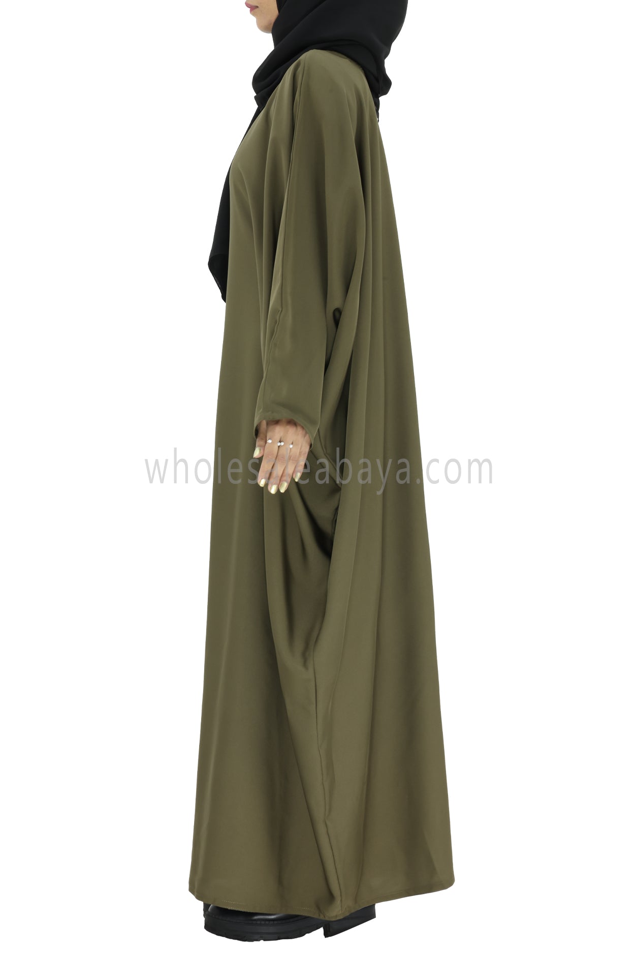 Plain Closed Butterfly Abaya With Inner Belt Olive Green Colour
