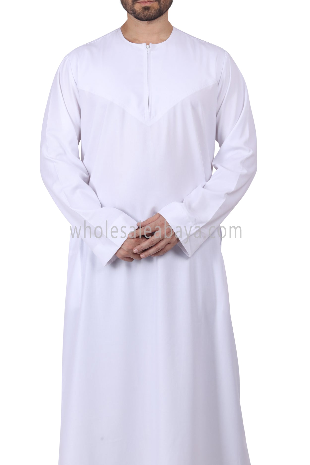 Men's Classic Plain Omani Thoube With Front Zip White