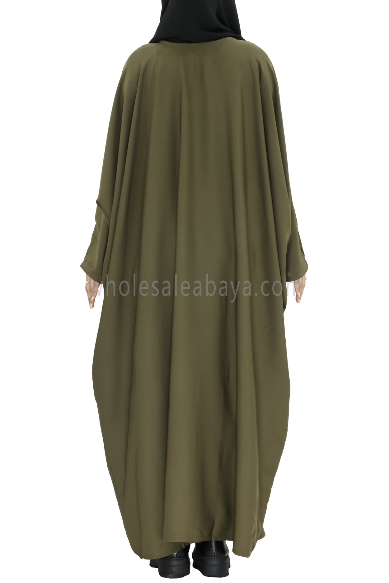 Plain Closed Butterfly Abaya With Inner Belt Olive Green Colour