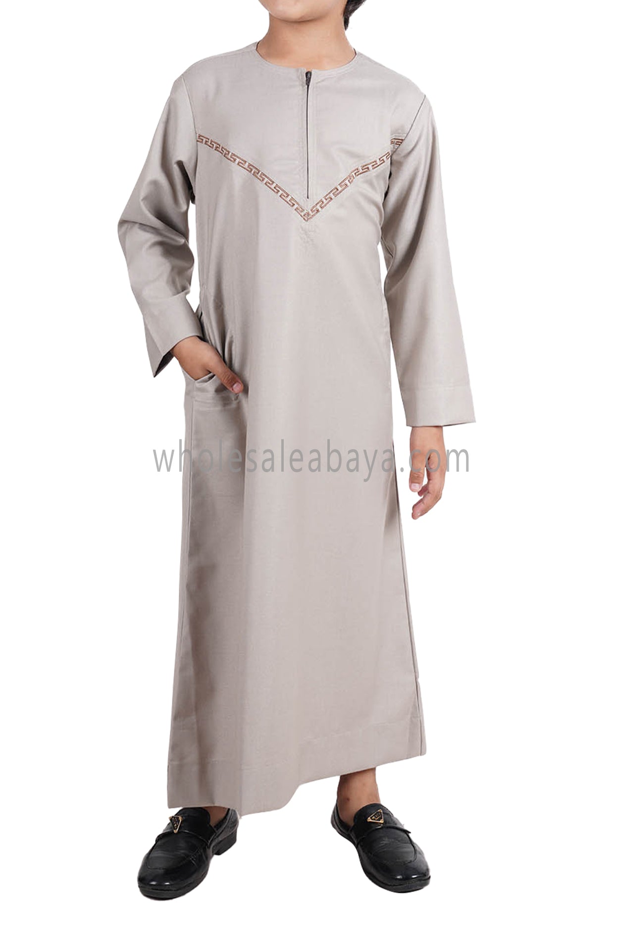 Boy's Premium Omani Thoube with Embroidered "V" Stitching Stone Beige and Brown
