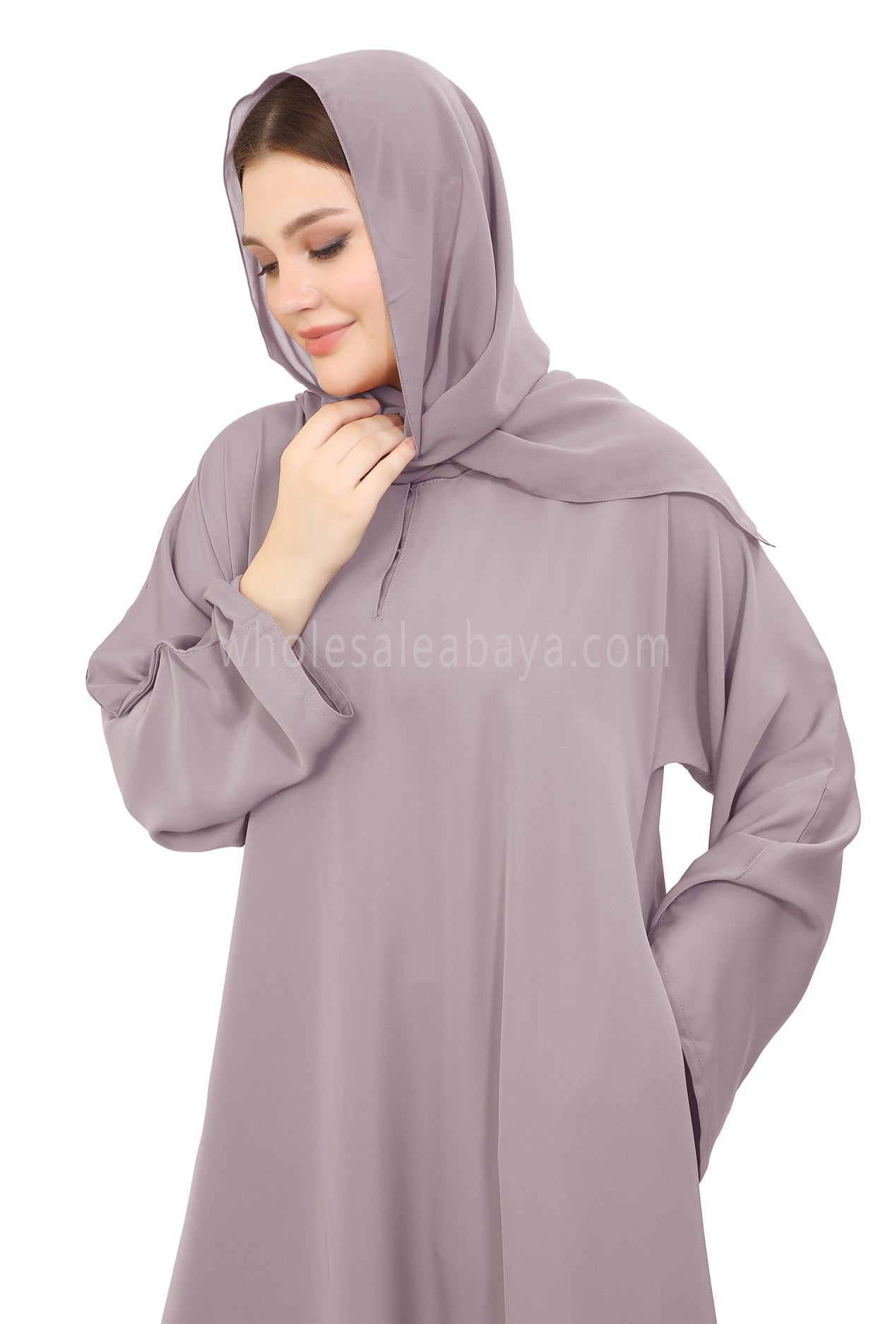 Plain Closed Abaya with Wide Sleeves 30418 Lilac Grey