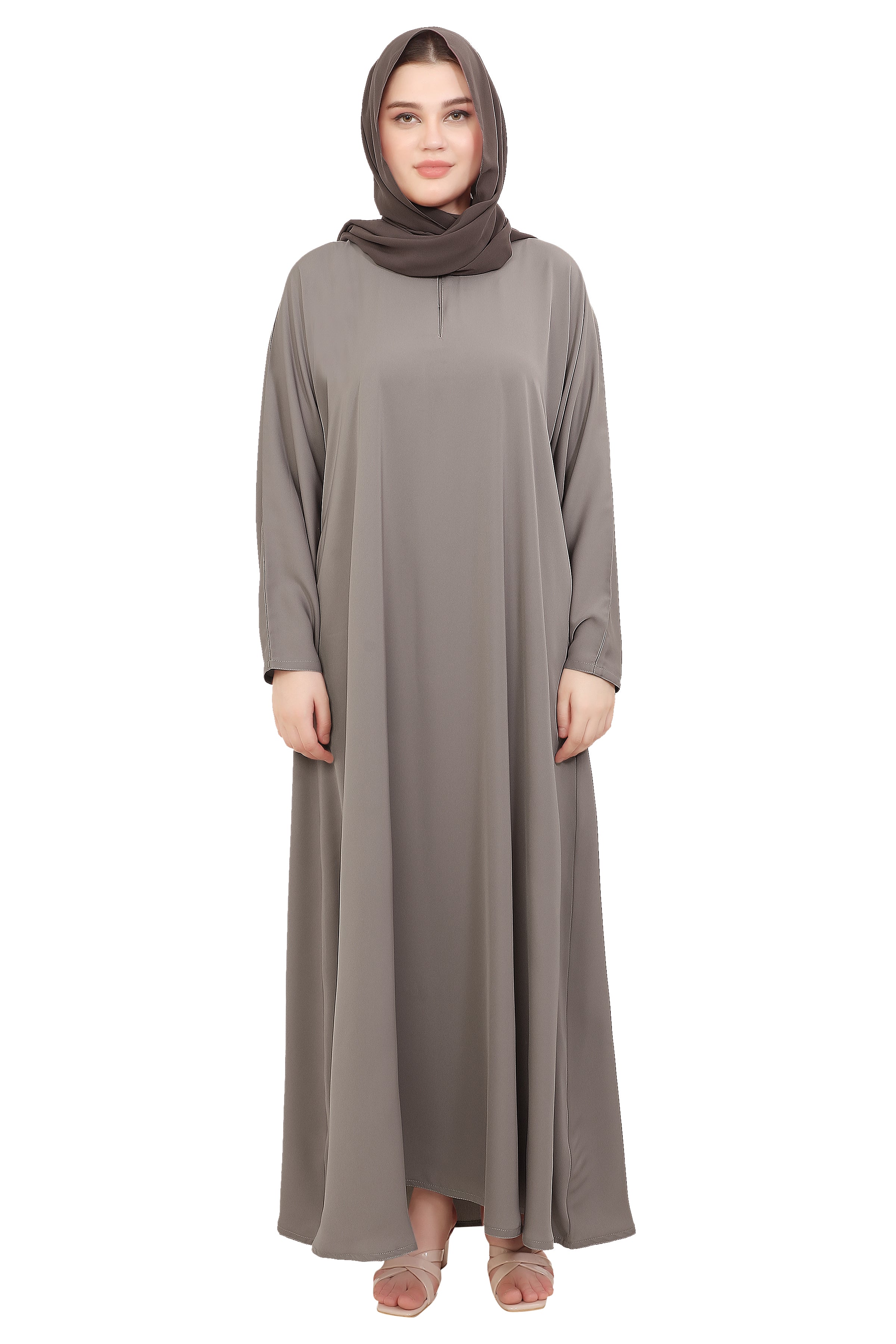 Plain Closed Abaya with Wide Sleeves 30418 Light Grey