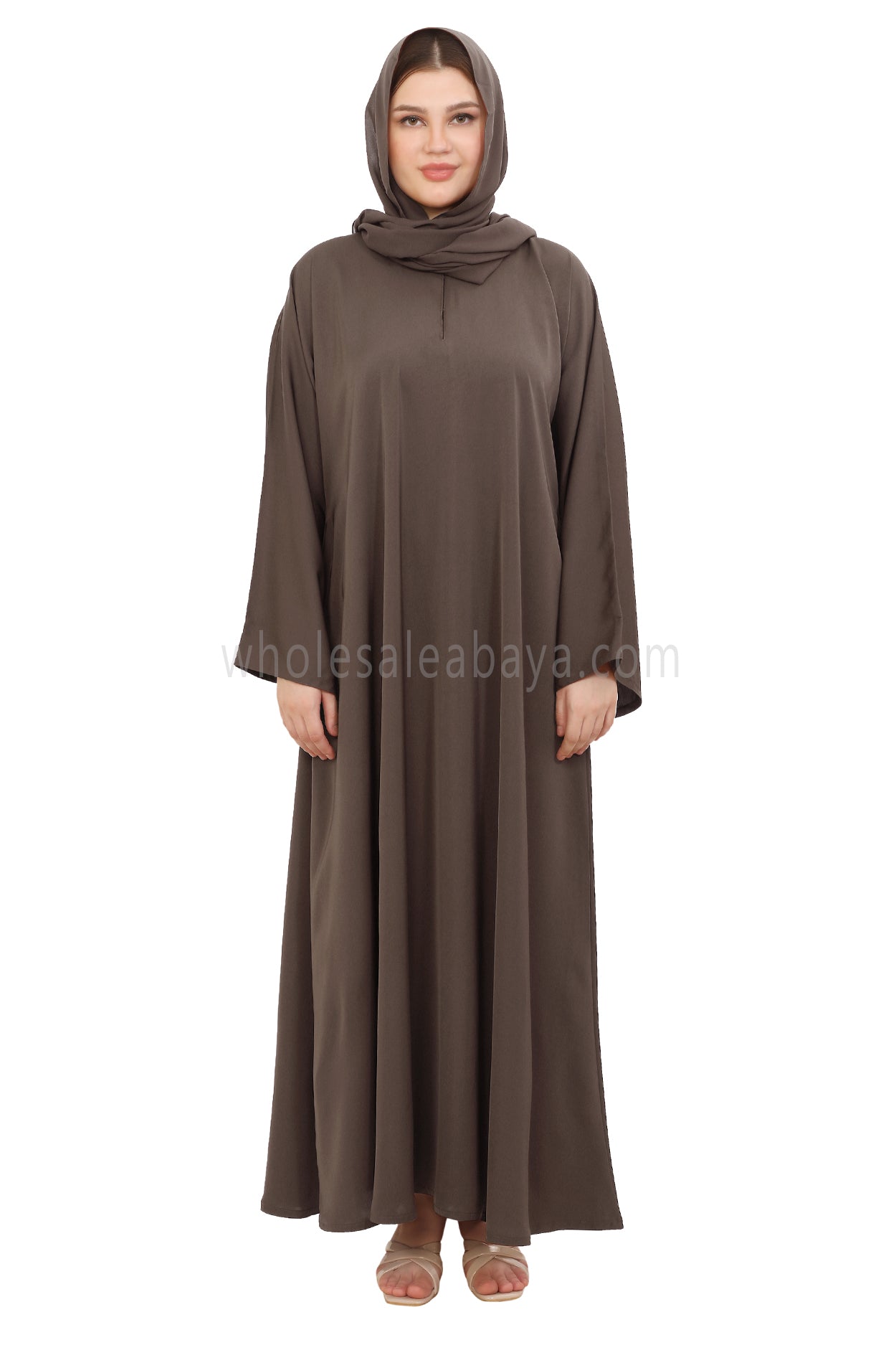 Plain Closed Abaya with Wide Sleeves 30418 Mink Brown