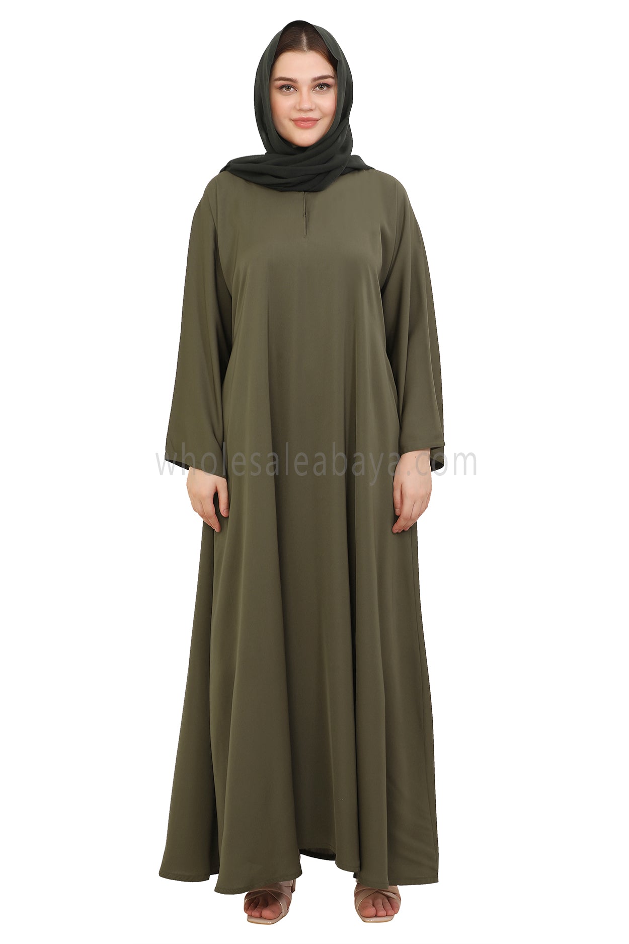 Plain Closed Abaya with Wide Sleeves 30418 Olive Green