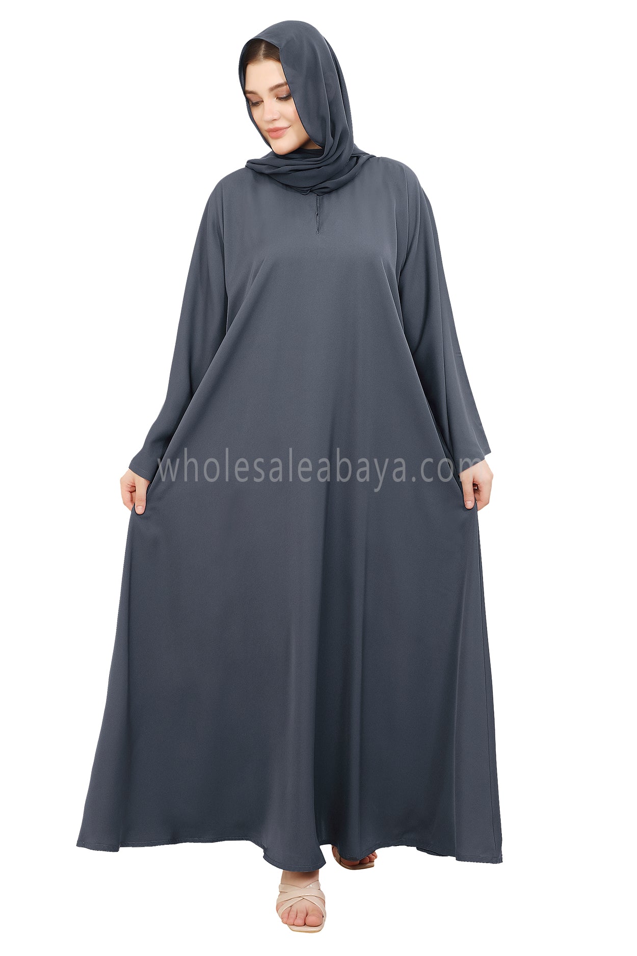 Plain Closed Abaya with Wide Sleeves 30418 Charcoal Grey