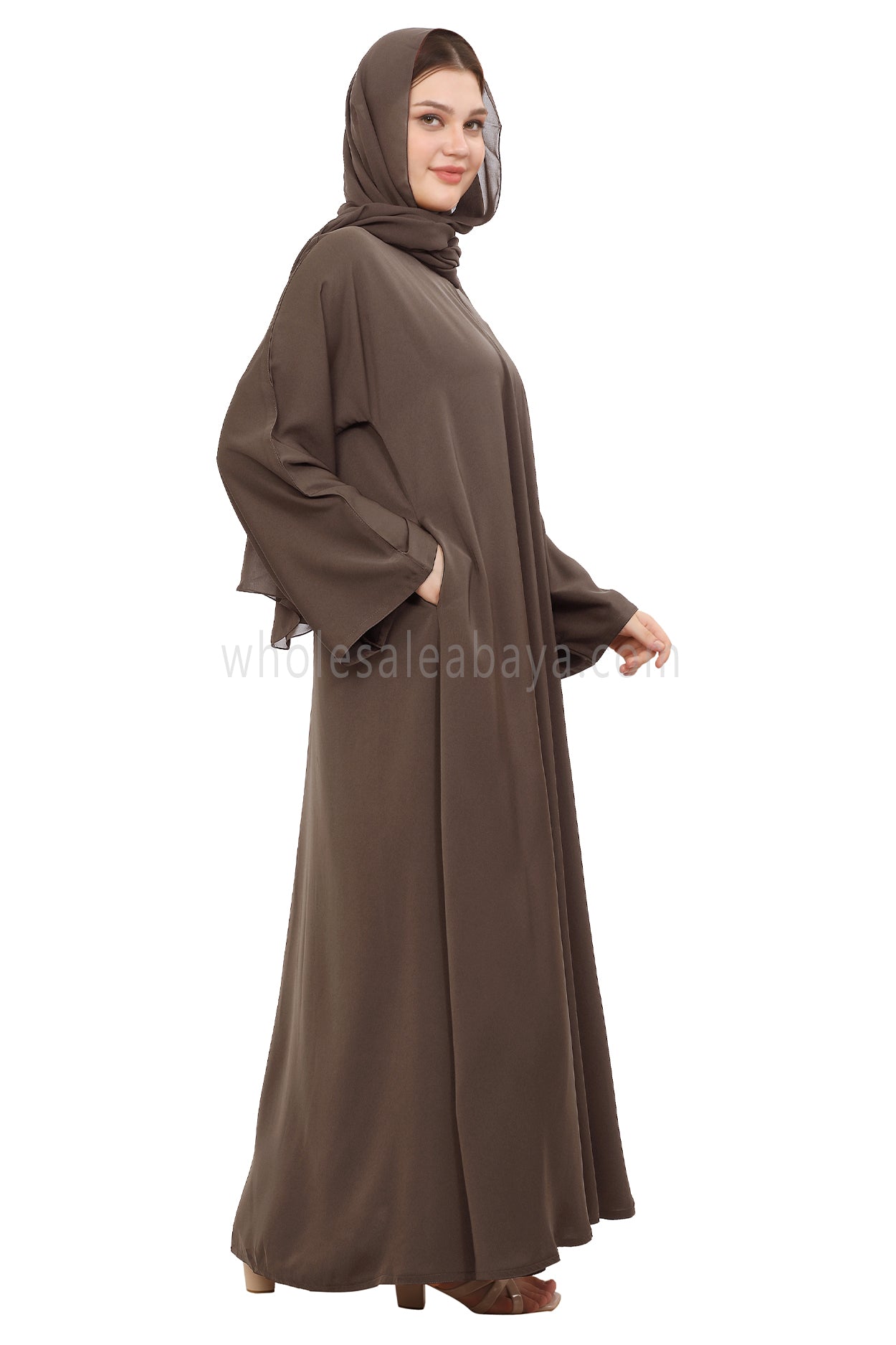 Plain Closed Abaya with Wide Sleeves 30418 Mink Brown