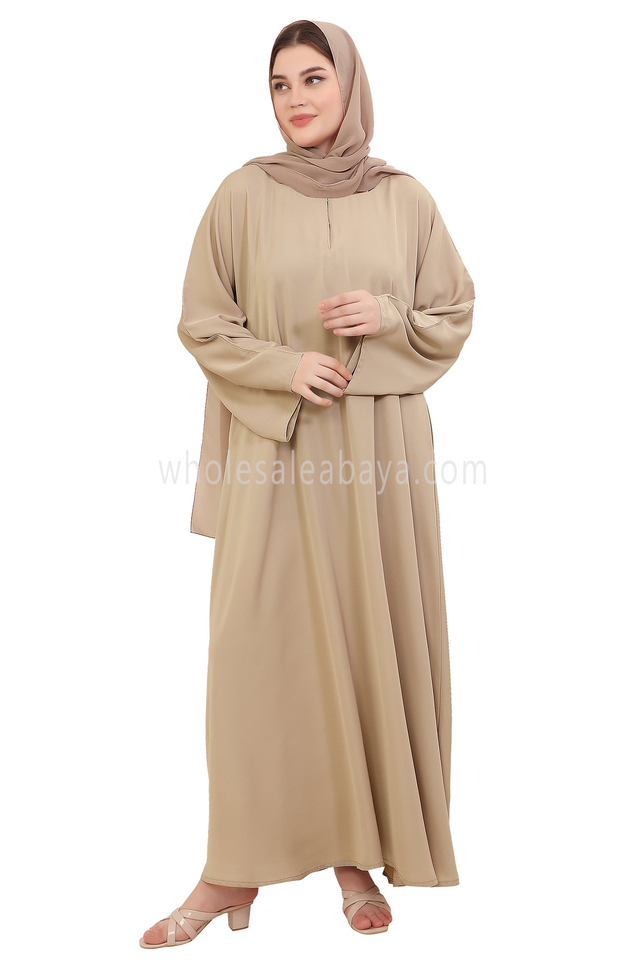 Plain Closed Abaya with Wide Sleeves 30418 Cream