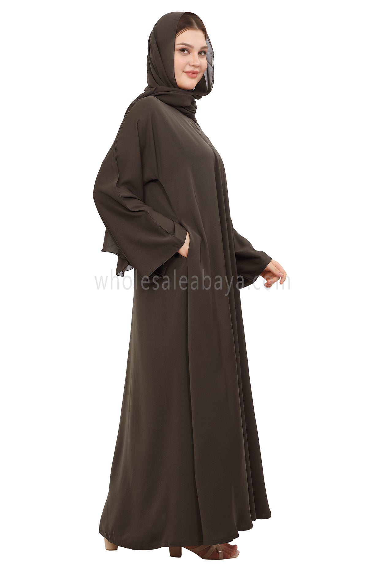 Plain Closed Abaya with Wide Sleeves 30418 Mocha Brown