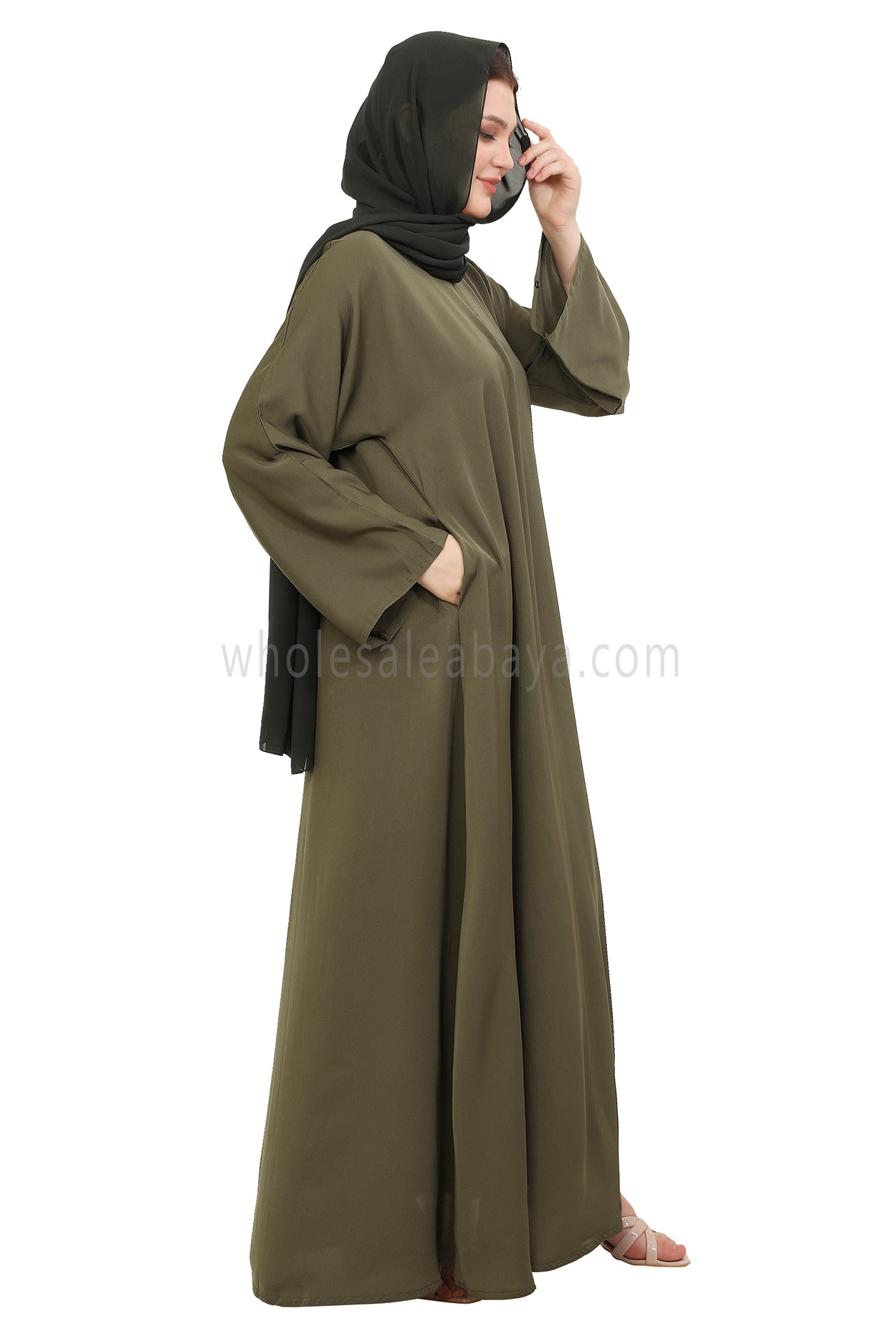 Plain Closed Abaya with Wide Sleeves 30418 Olive Green
