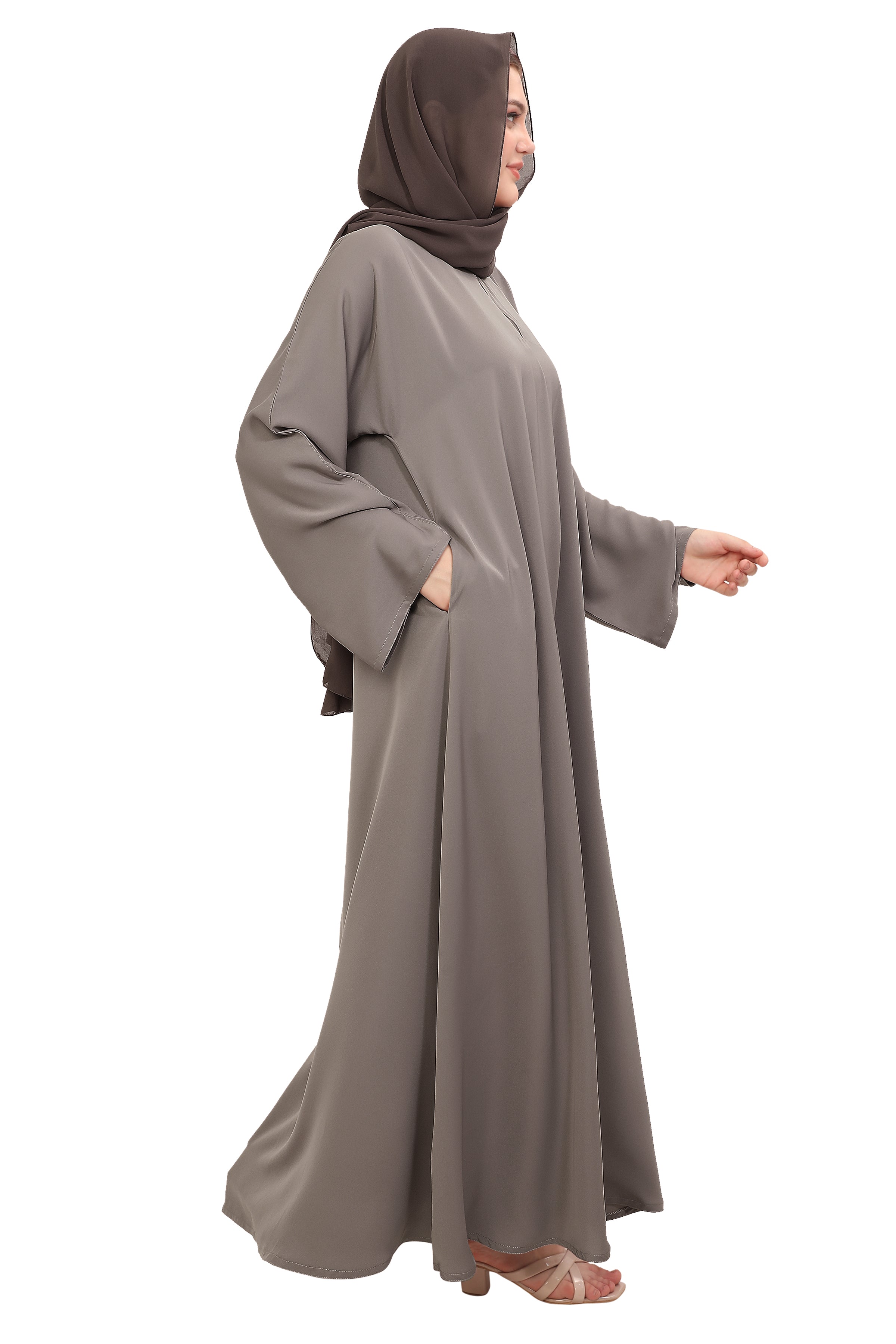 Plain Closed Abaya with Wide Sleeves 30418 Light Grey