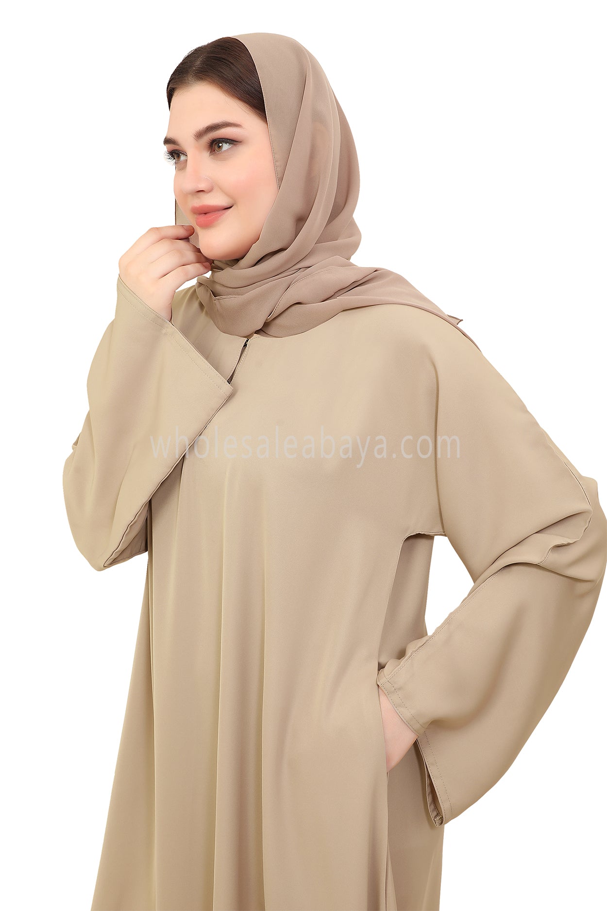 Plain Closed Abaya with Wide Sleeves 30418 Cream