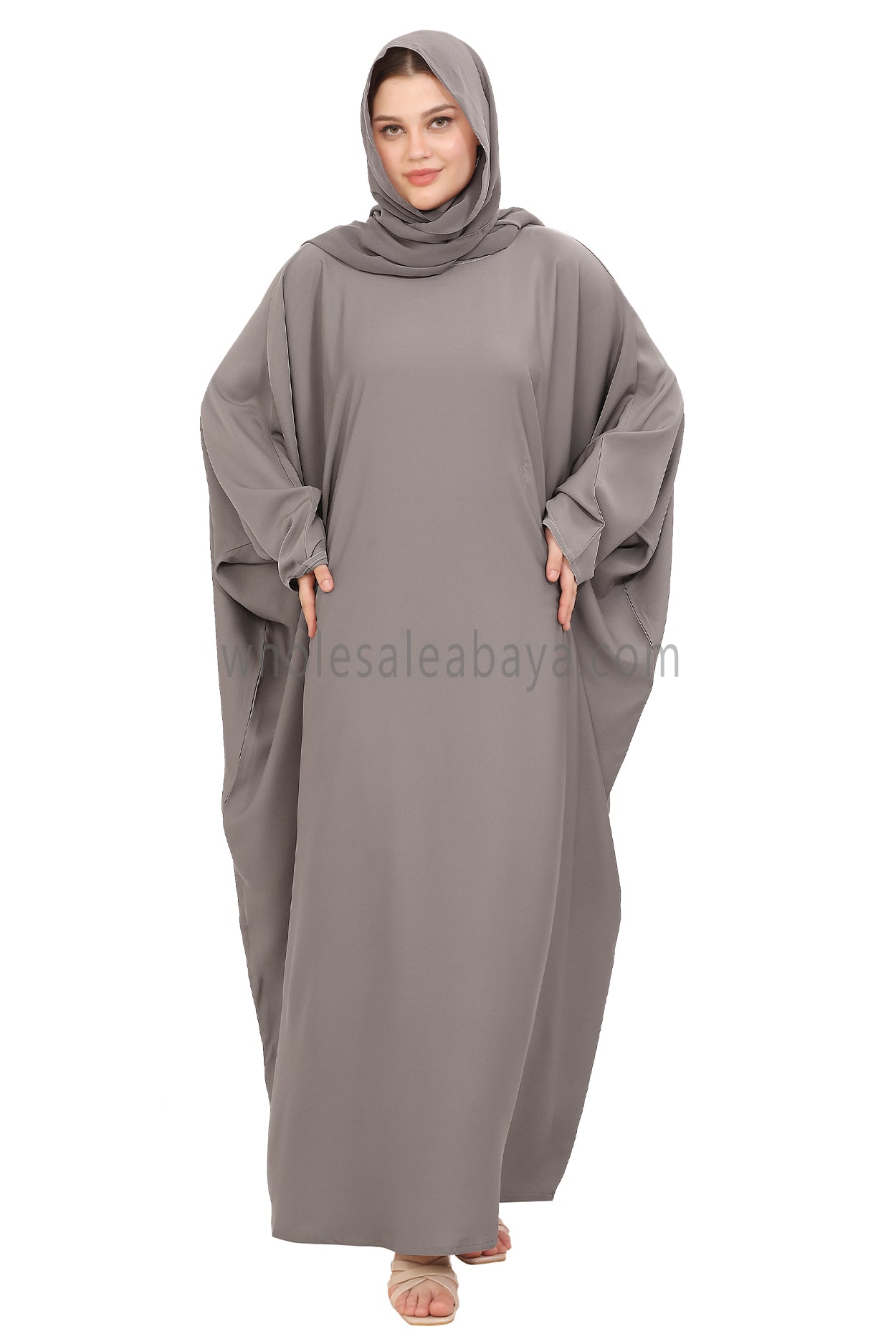 Plain Closed Butterfly Nida Abaya 30520 Light Grey
