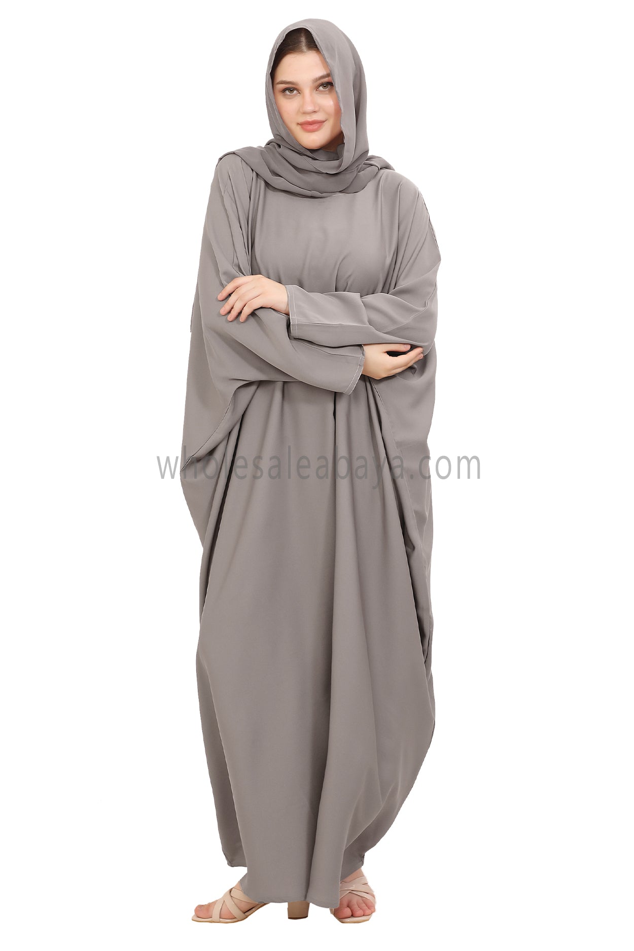 Plain Closed Butterfly Nida Abaya 30520 Light Grey