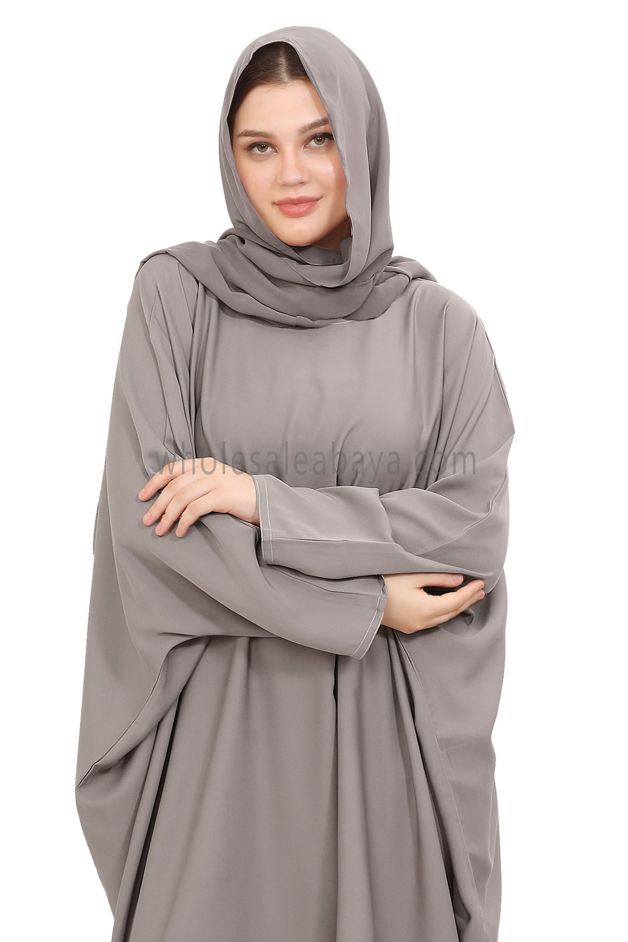Plain Closed Butterfly Nida Abaya 30520 Light Grey