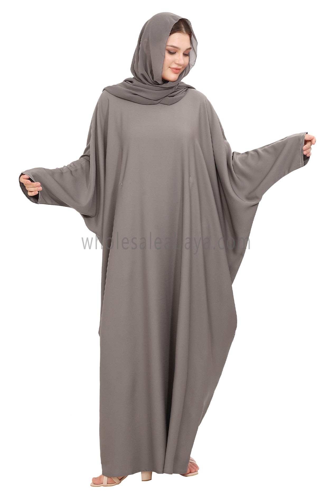 Plain Closed Butterfly Nida Abaya 30520 Light Grey