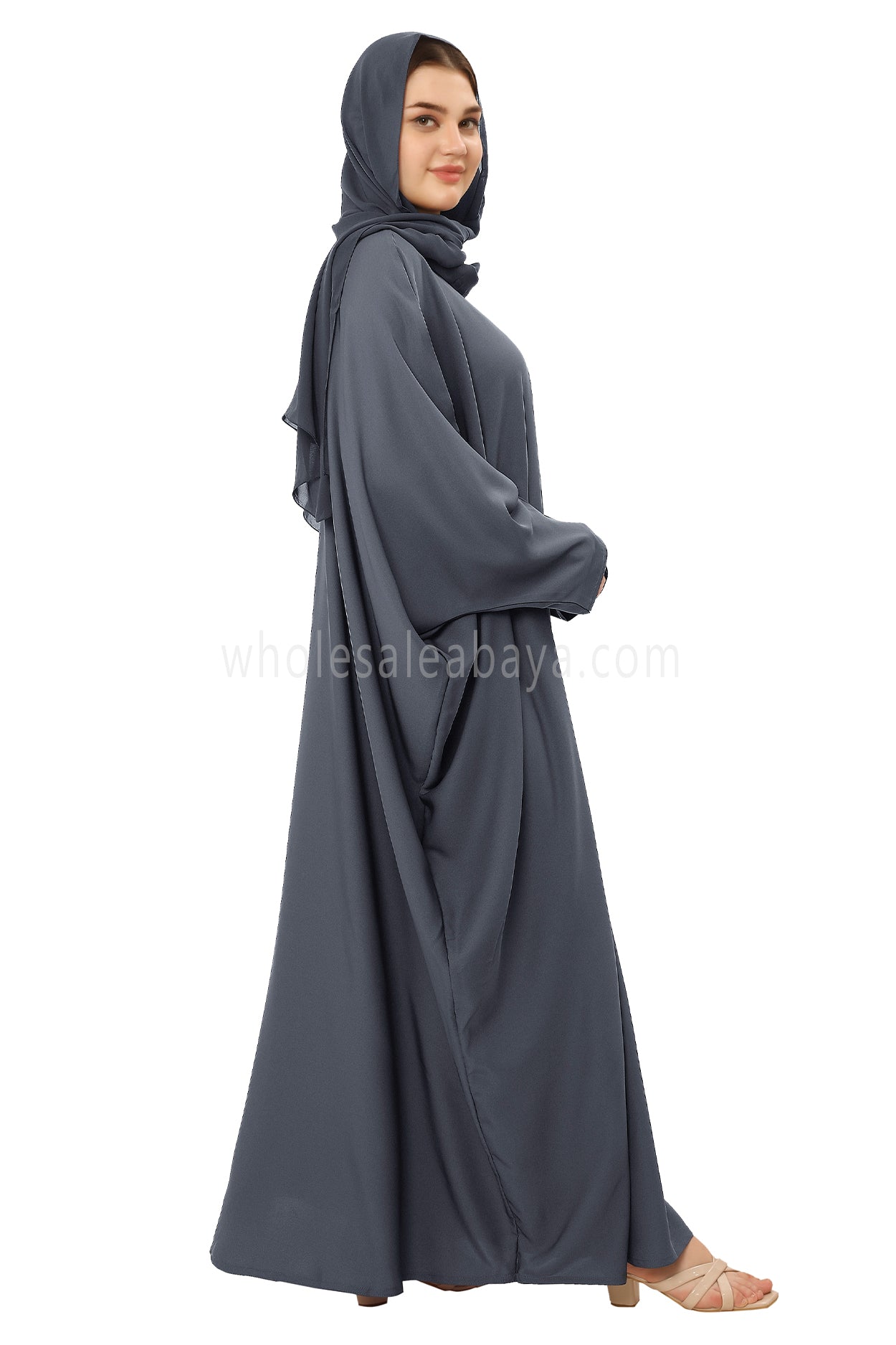 Plain Closed Butterfly Nida Abaya 30520 Charcoal Grey