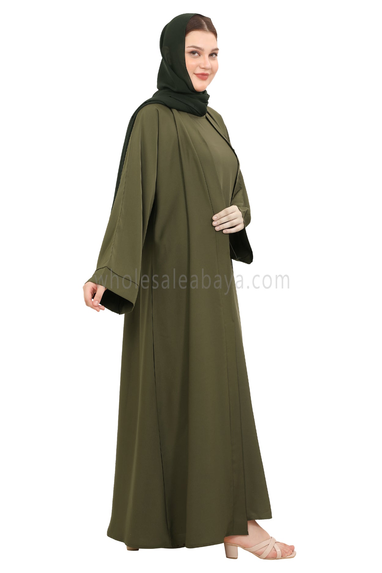 Front Open Nida Abaya with Buttons 30051 Olive Green