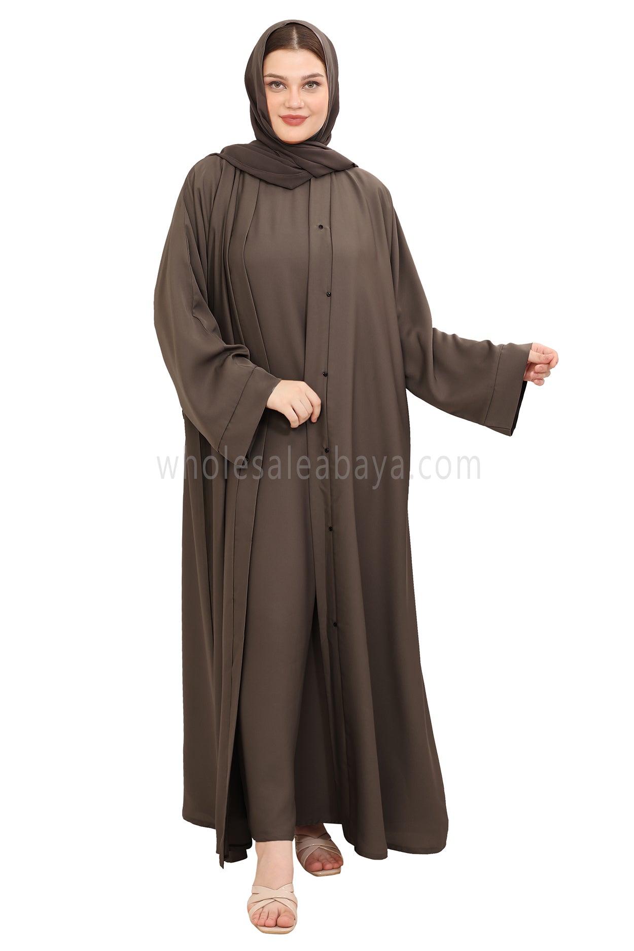 Front Open Nida Abaya with Buttons 30051 Mink Brown