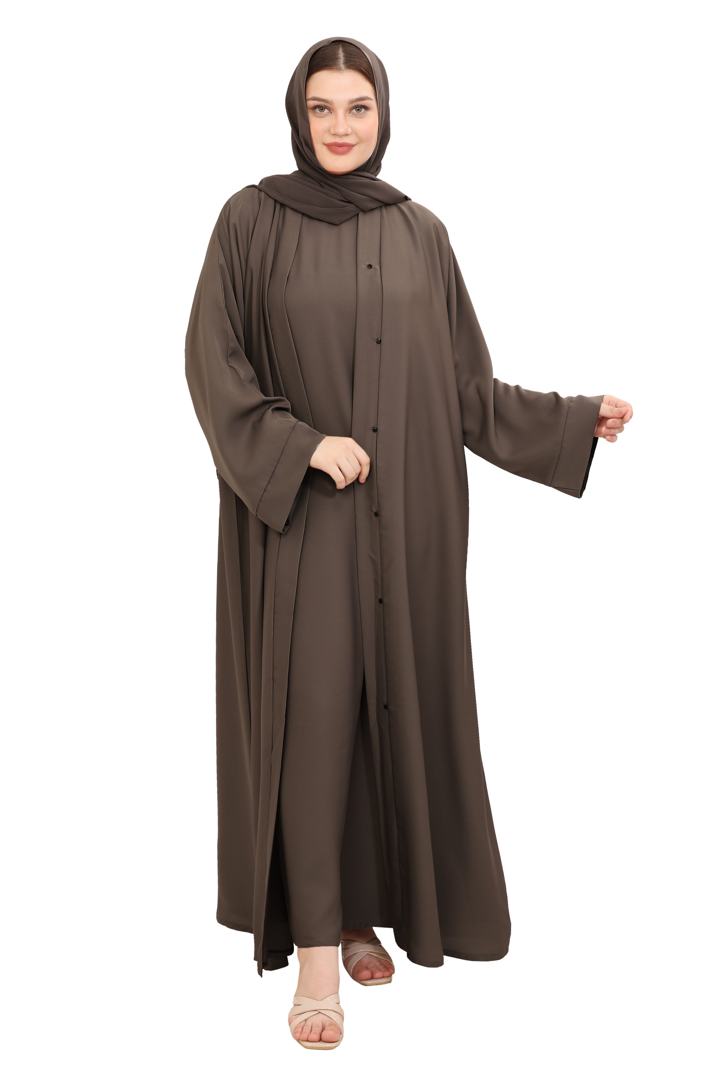 Front Open Nida Abaya with Buttons 30051 Mocha Brown