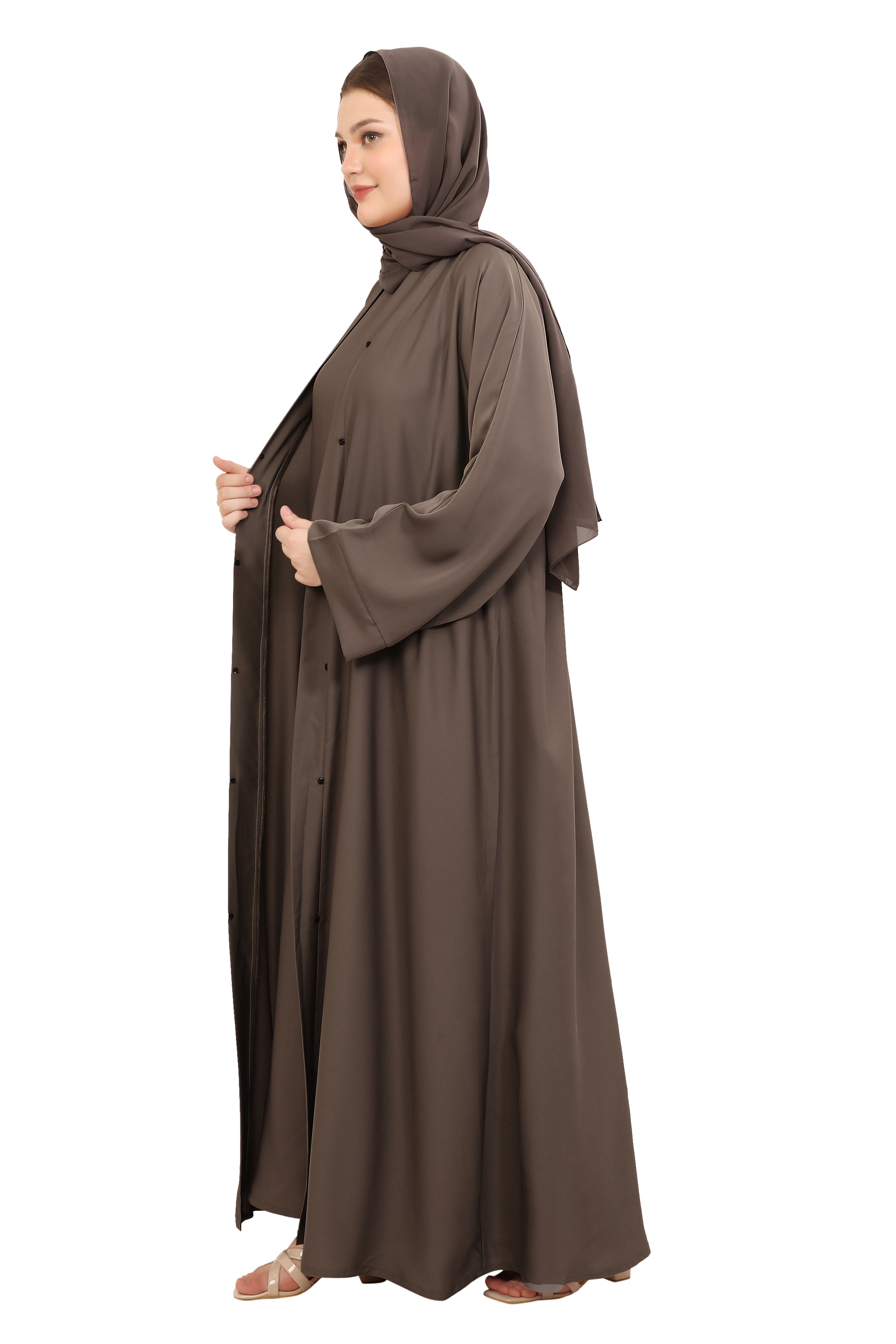Front Open Nida Abaya with Buttons 30051 Mocha Brown