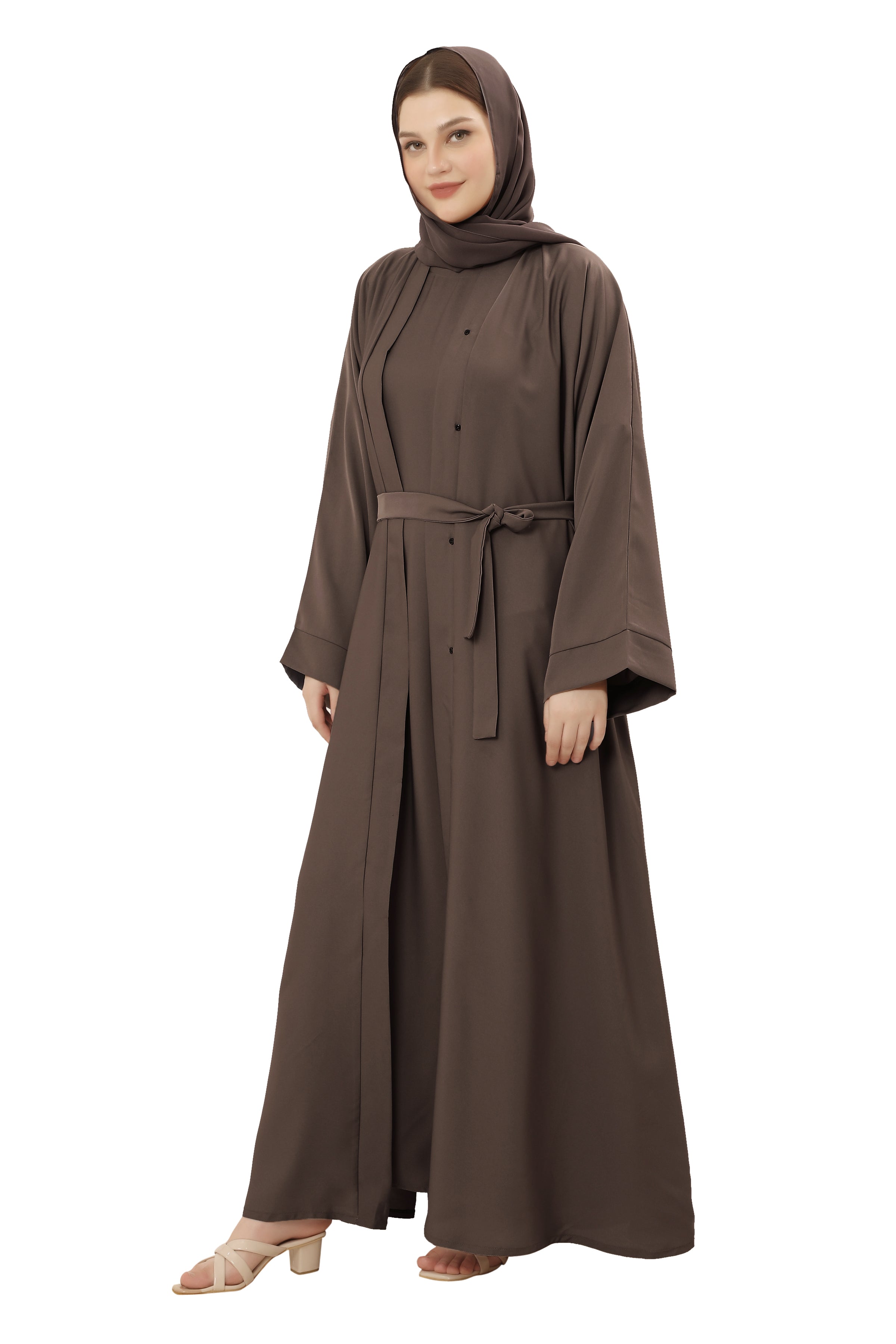 Front Open Nida Abaya with Buttons 30051 Mocha Brown