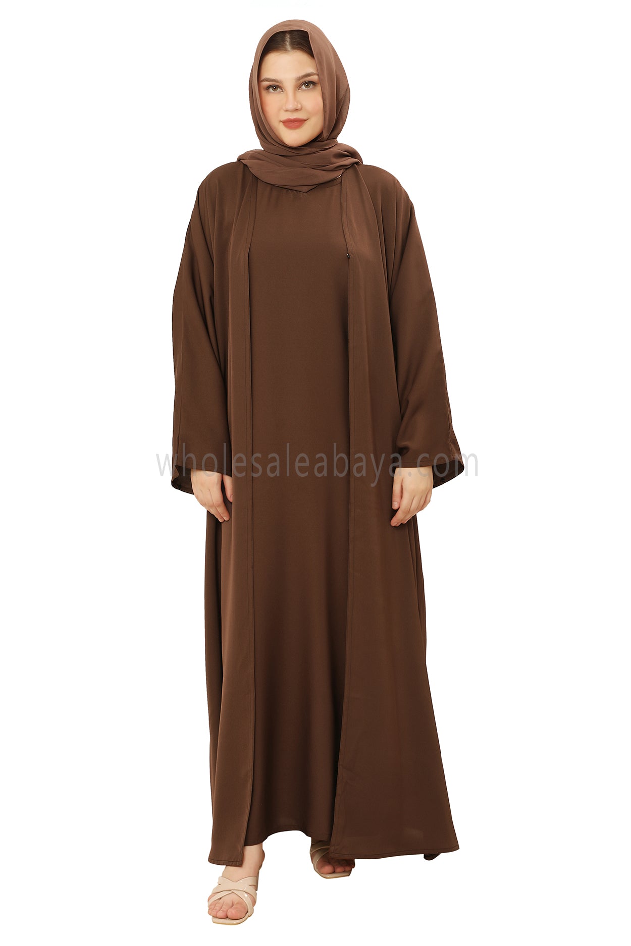Front Open Nida Abaya With A Single Button 30051 Chestnut Brown
