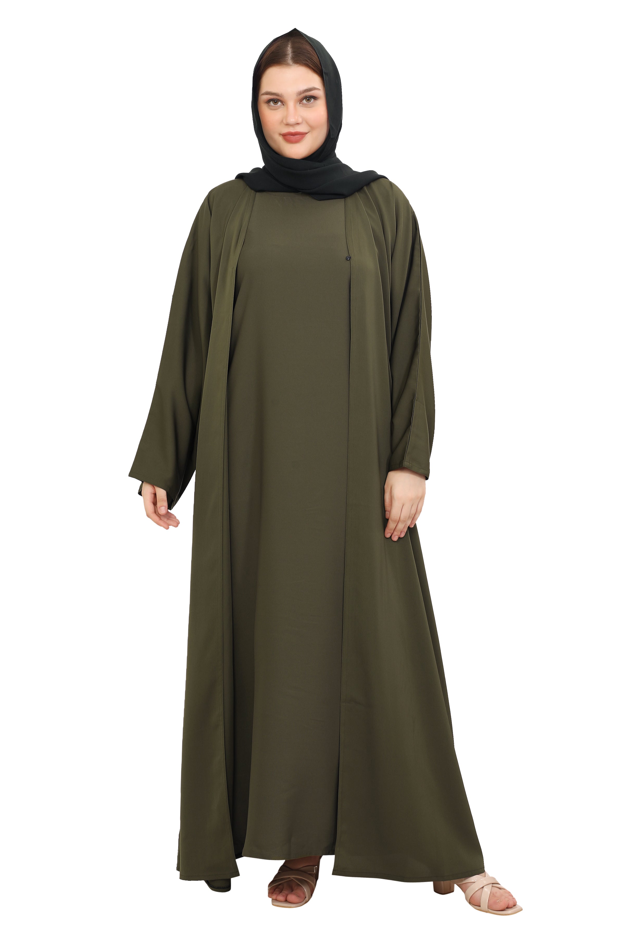 Front Open Nida Abaya With A Single Button 30051 Olive Green