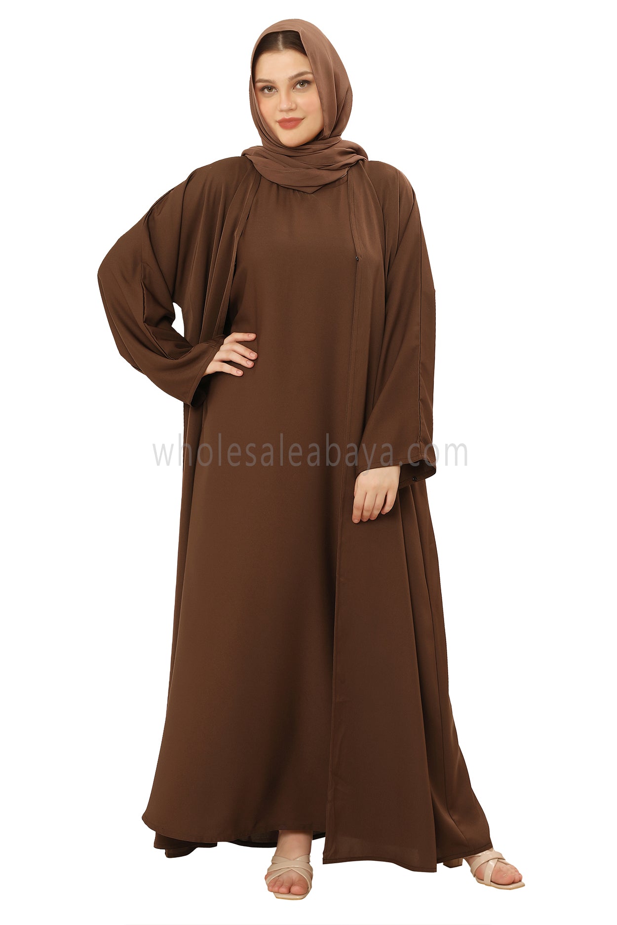Front Open Nida Abaya With A Single Button 30051 Chestnut Brown