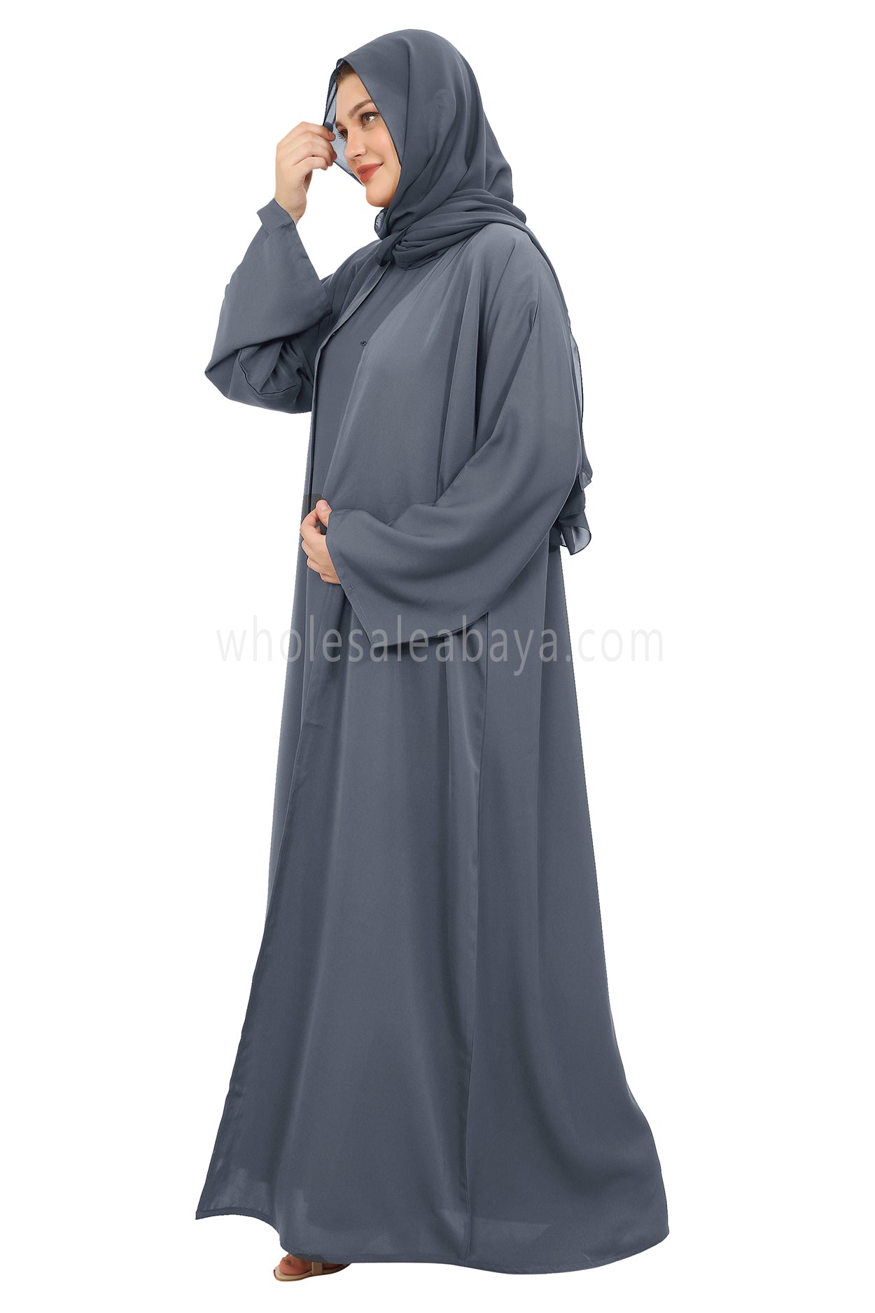 Front Open Nida Abaya With A Single Button 30051 Charcoal Grey