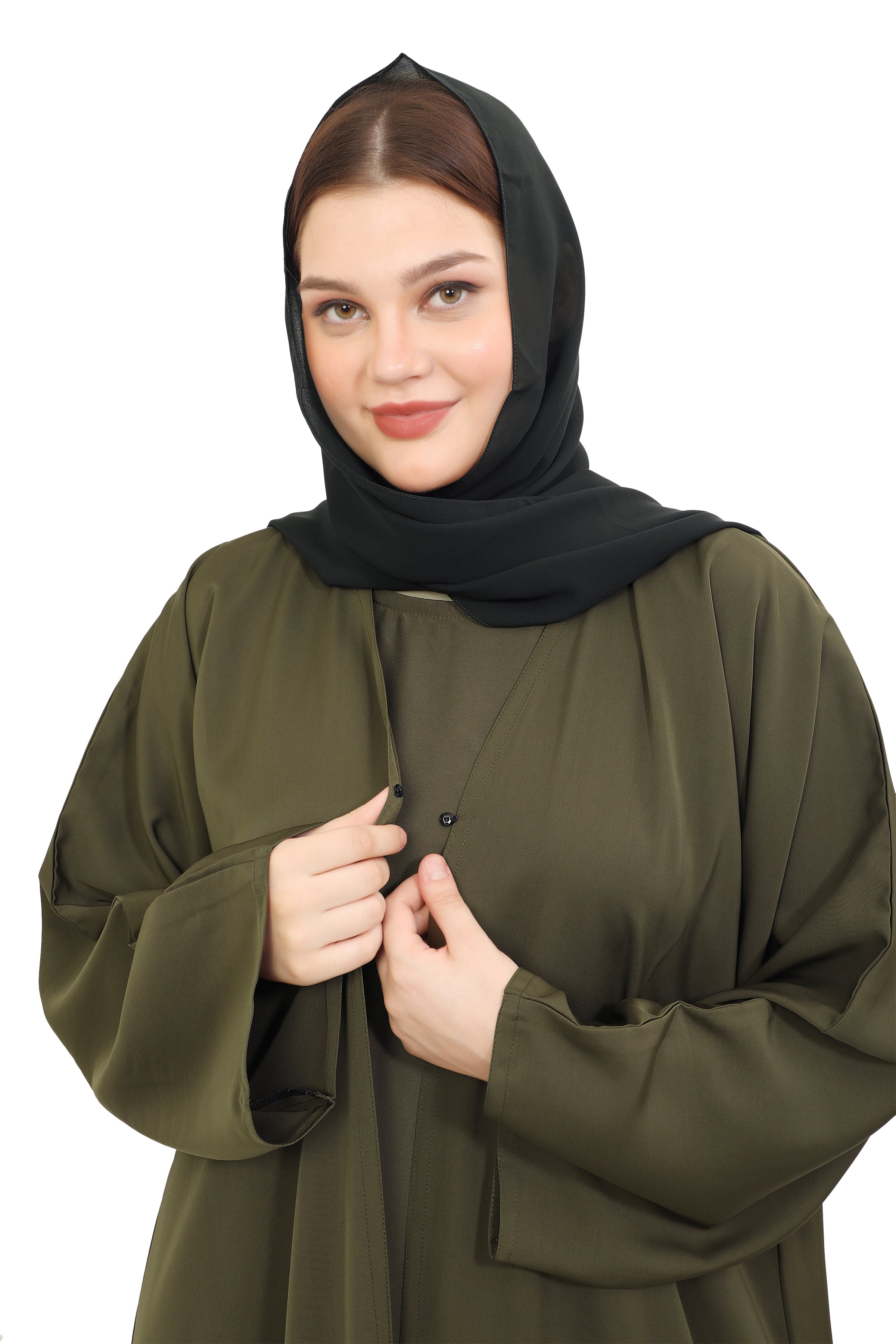 Front Open Nida Abaya With A Single Button 30051 Olive Green