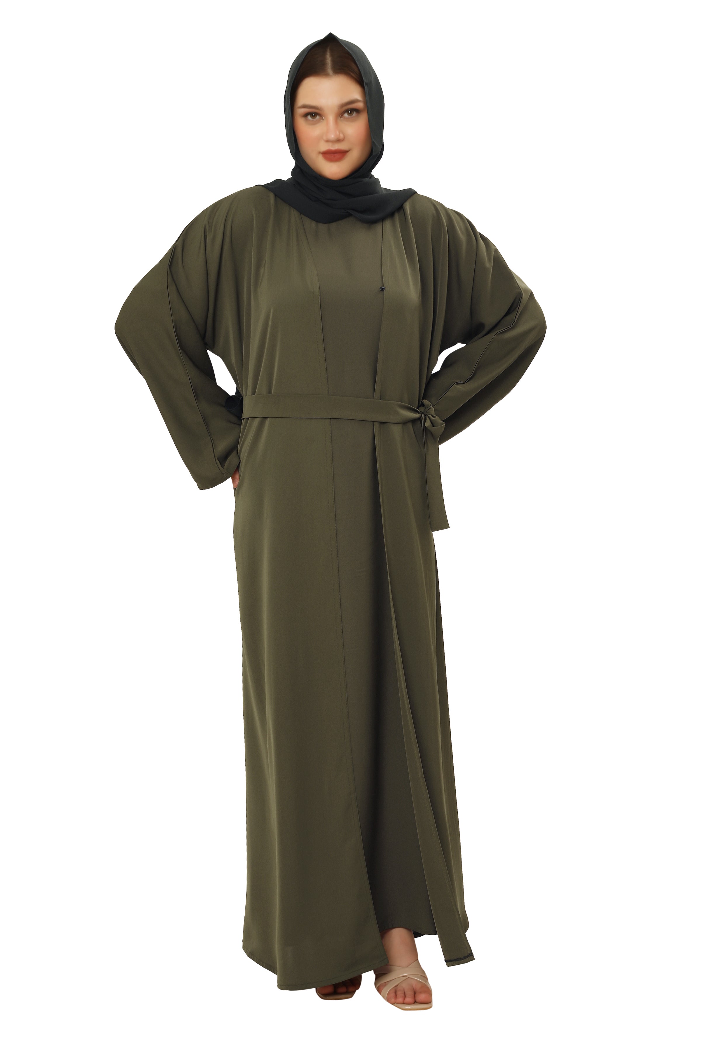 Front Open Nida Abaya With A Single Button 30051 Olive Green