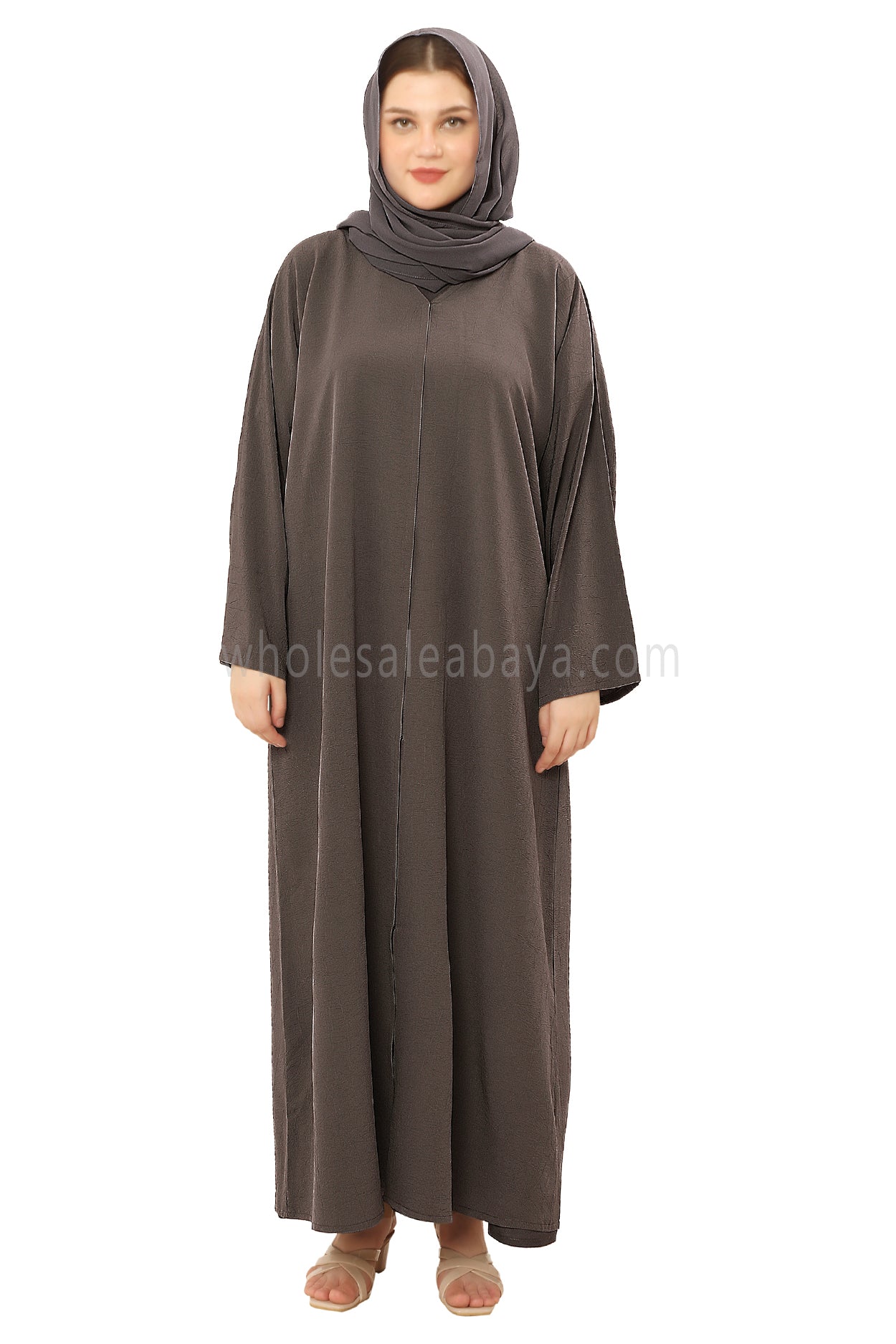 Front Open Abaya with Buttons Closure in Arwa Crush Crepe 30051 Sandstone