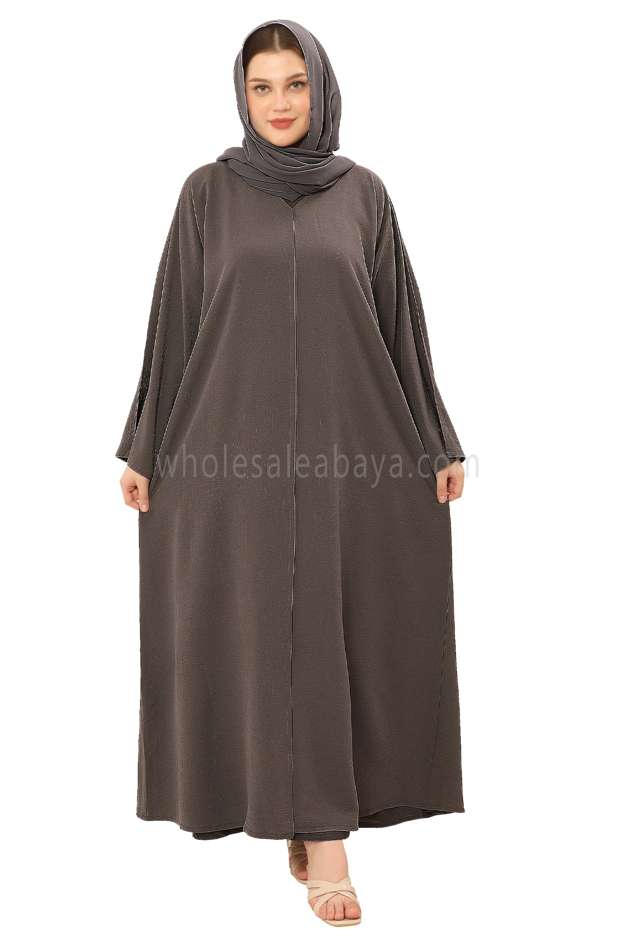 Front Open Abaya with Buttons Closure in Arwa Crush Crepe 30051 Sandstone