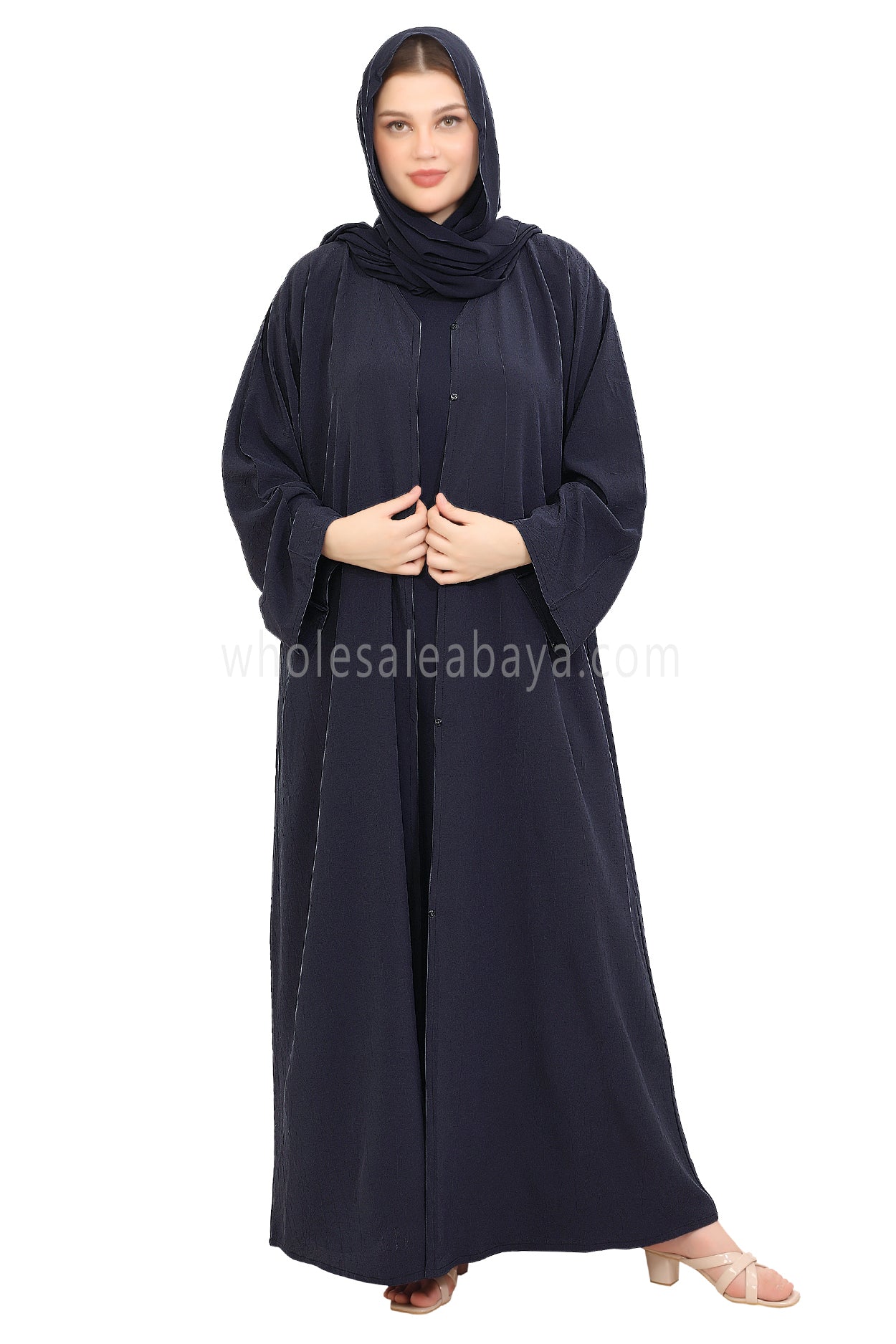Front Open Abaya with Buttons Closure in Arwa Crush Crepe 30051 Sandstone