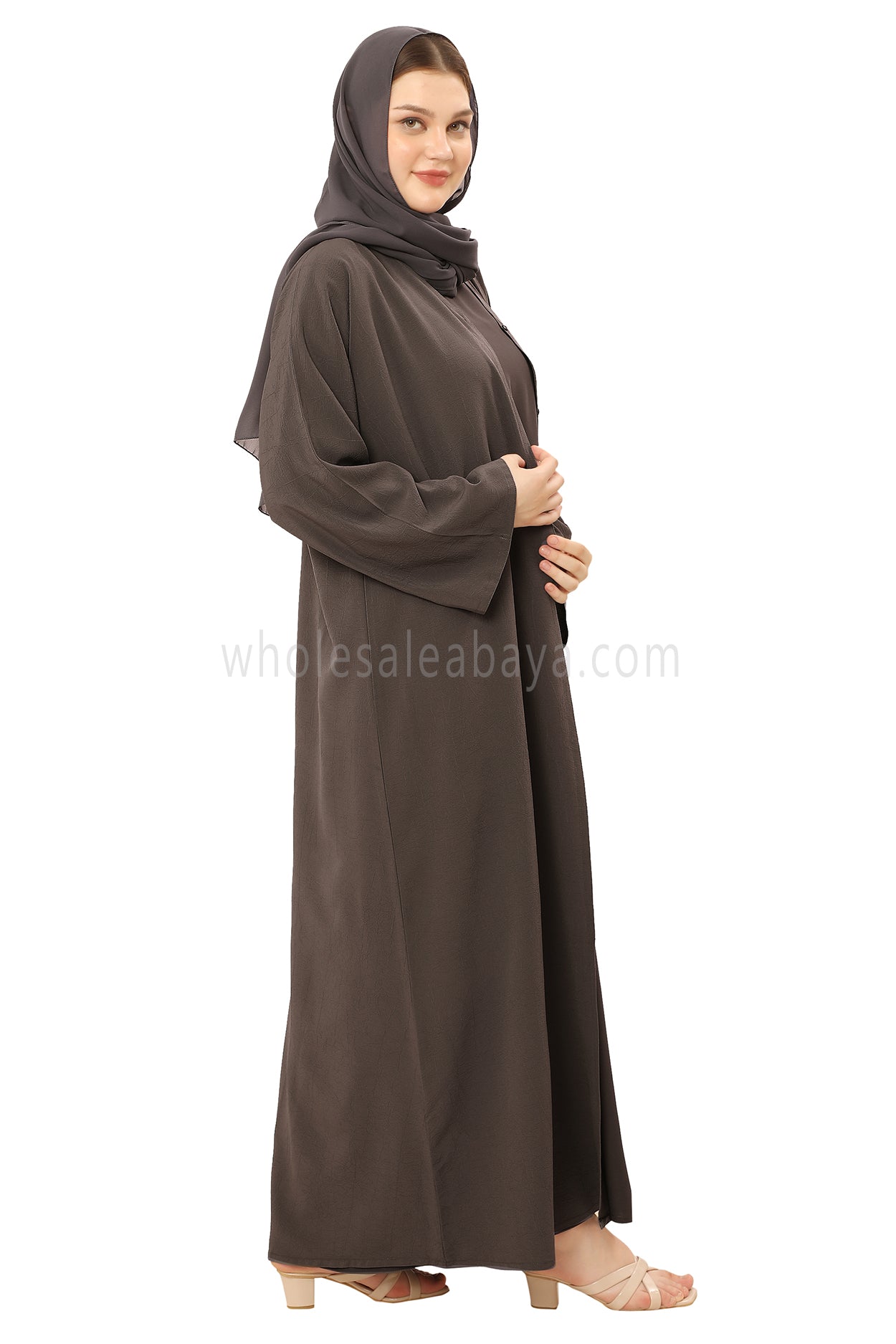 Front Open Abaya with Buttons Closure in Arwa Crush Crepe 30051 Sandstone