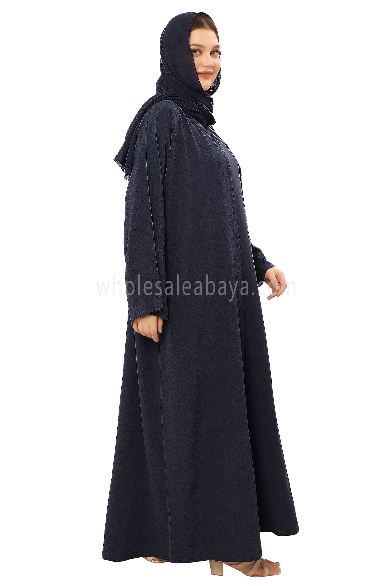 Front Open Abaya with Buttons Closure in Arwa Crush Crepe 30051 Smokey Blue