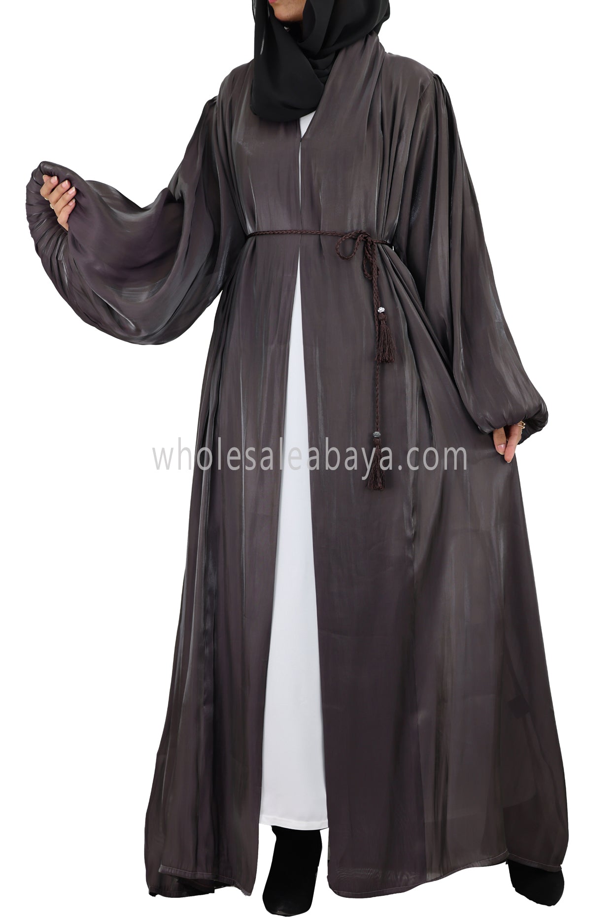 Premium Women's Organza Abaya With Balloon Sleeves Ash Brown