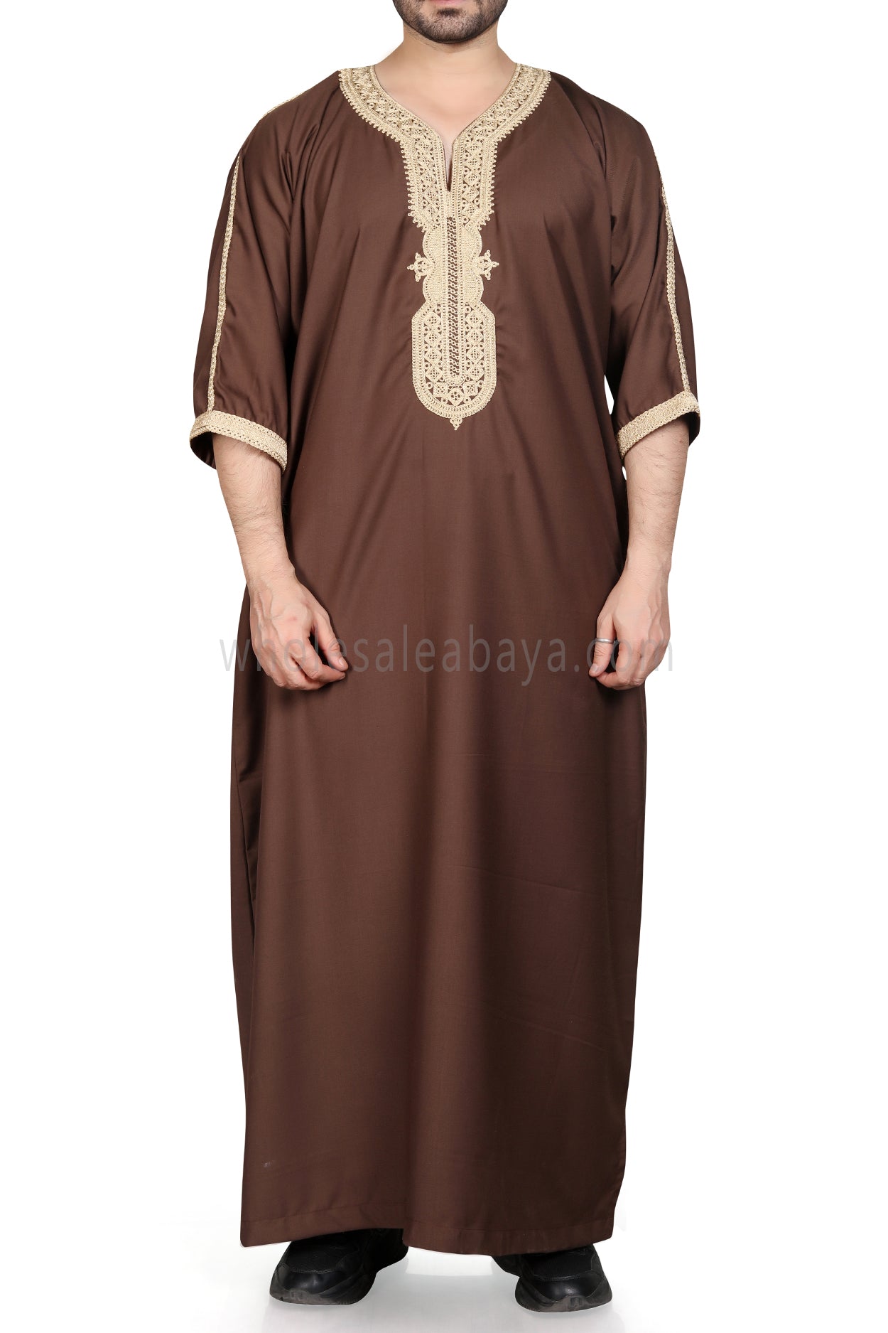 Men's Moroccan Thoube with Exquisite Embroidery Caramel Brown