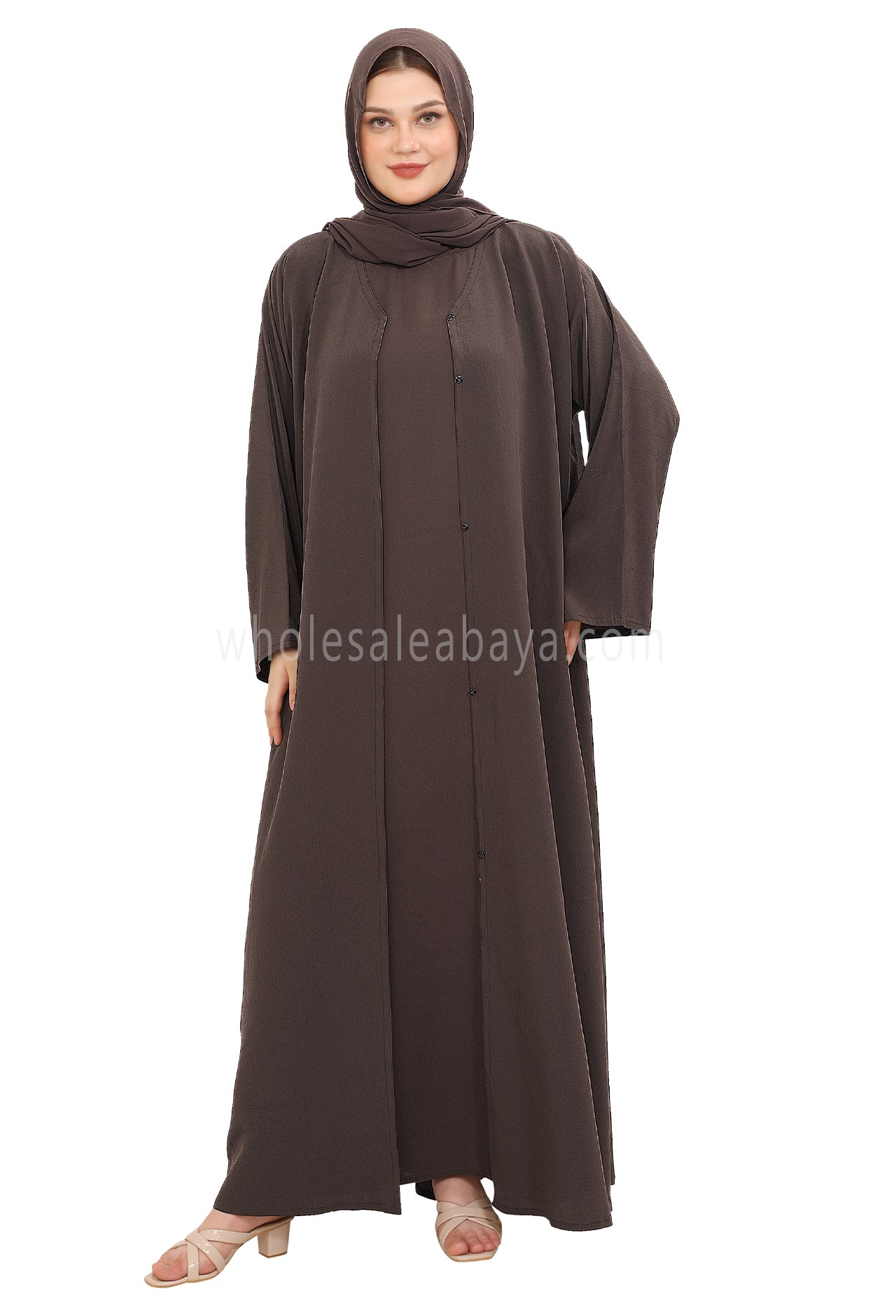 Front Open Abaya with Buttons Closure in Arwa Crush Crepe 30051 Sandstone