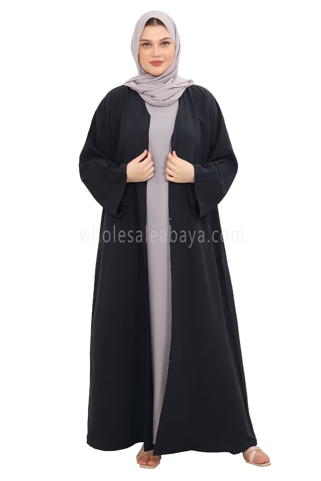 Front Open Abaya with Buttons Closure in Arwa Crush Crepe 30051 Sandstone