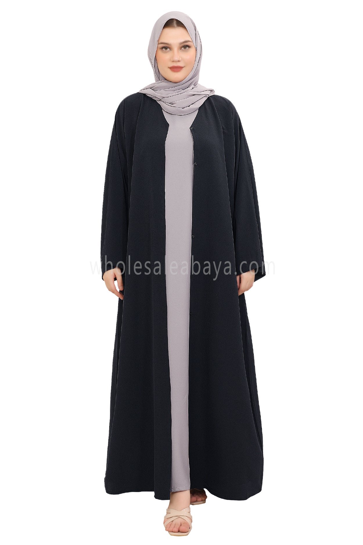 Front Open Abaya with Buttons Closure in Arwa Crush Crepe 30051 Midnight Dark