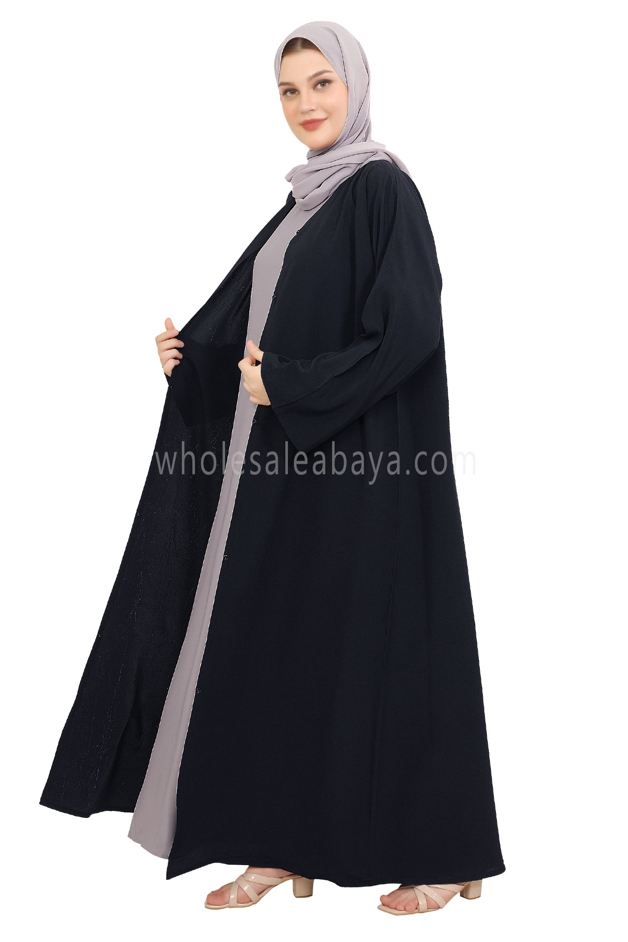 Front Open Abaya with Buttons Closure in Arwa Crush Crepe 30051 Sandstone