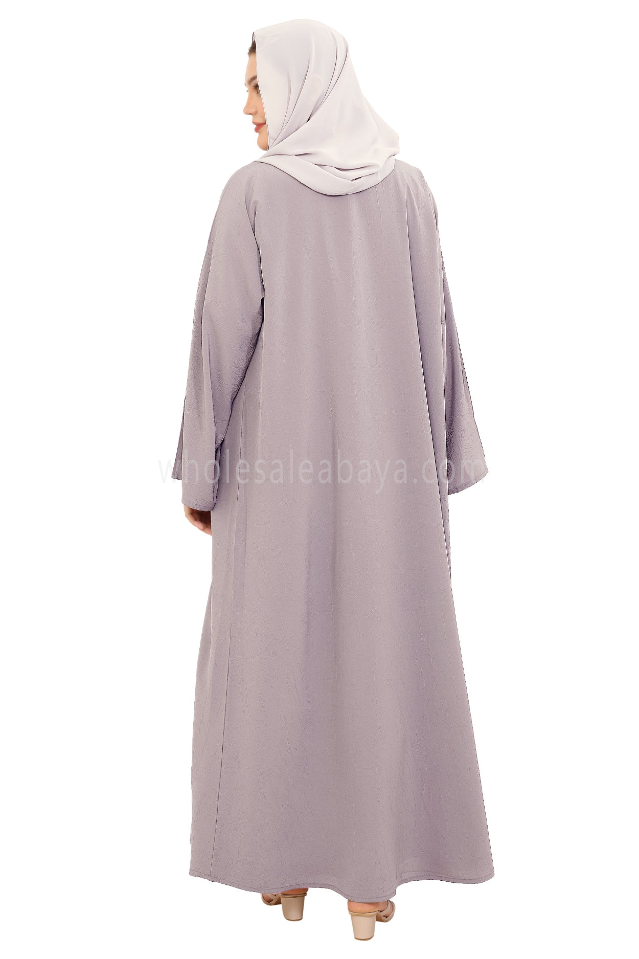 Front Open Abaya with Buttons Closure in Arwa Crush Crepe 30051 Lilac Pink