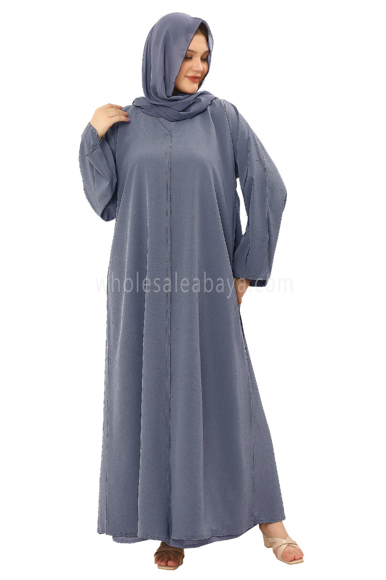 Front Open Abaya with Buttons Closure in Arwa Crush Crepe 30051 Cinnamon Grey