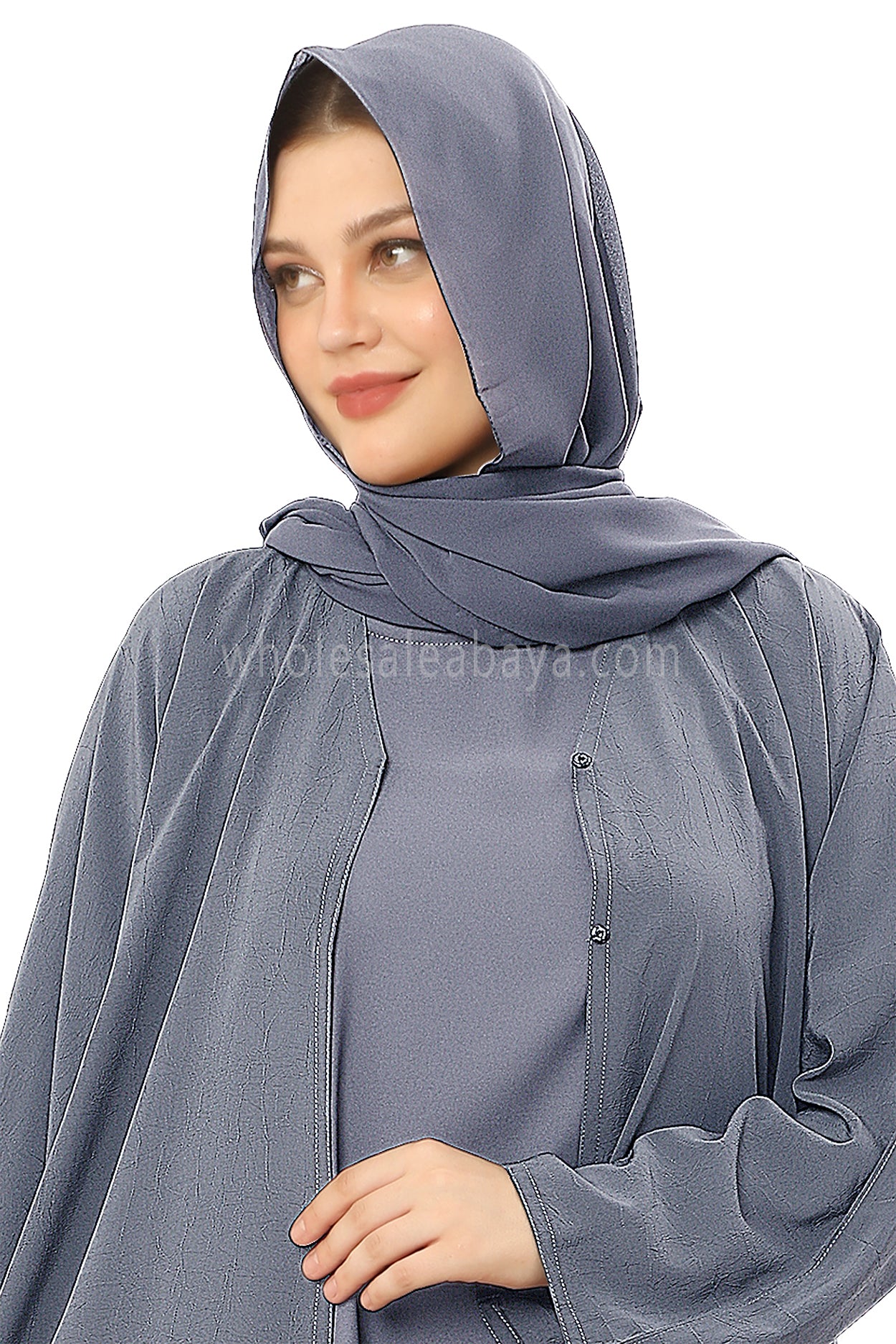 Front Open Abaya with Buttons Closure in Arwa Crush Crepe 30051 Cinnamon Grey