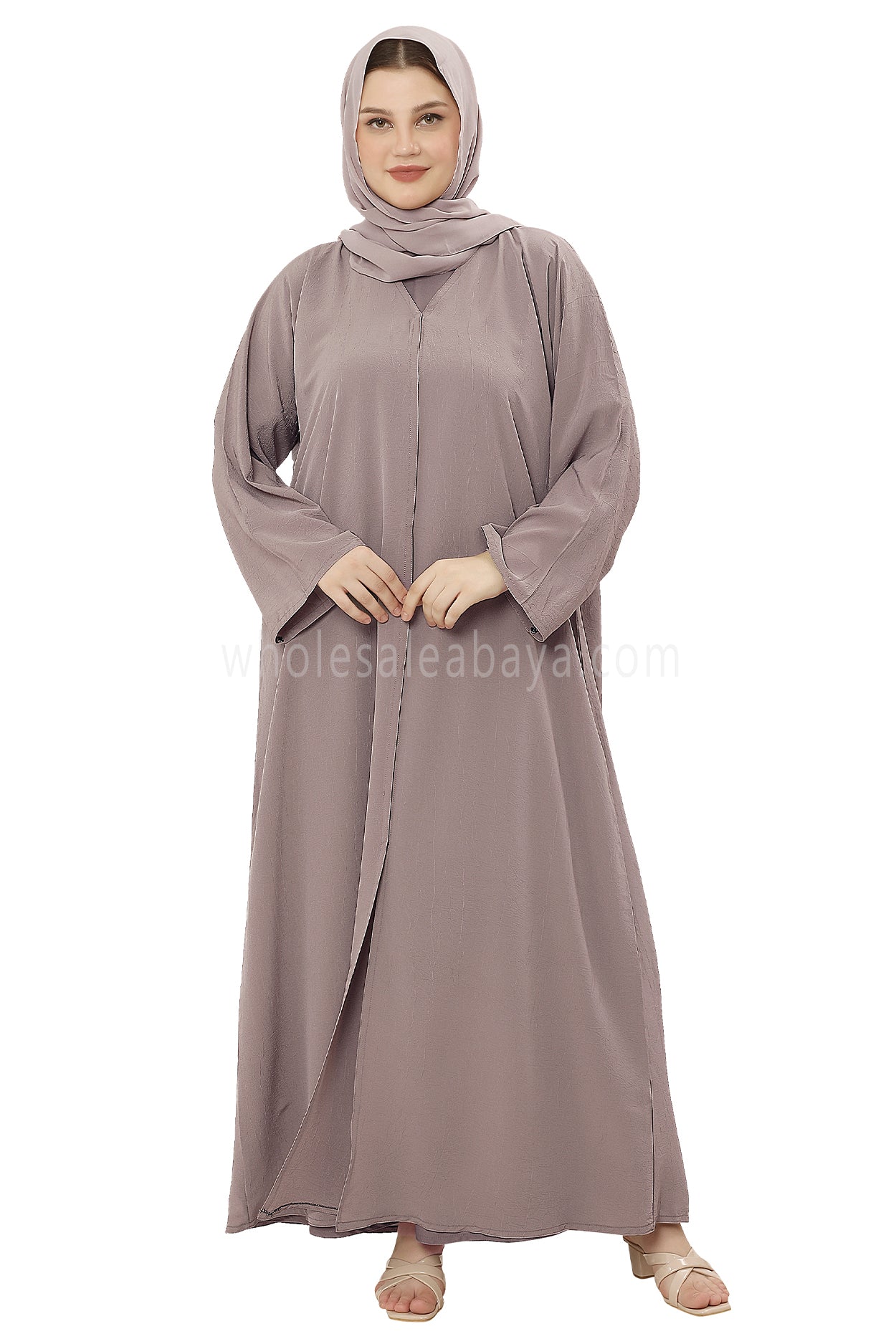 Front Open Abaya with Buttons Closure in Arwa Crush Crepe 30051 Sandstone